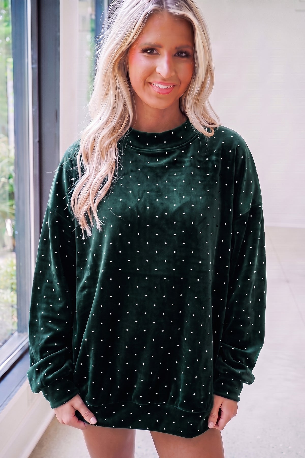 Blackish Green Velvet Polka Dot High Neck Tunic Pullover Sweatshirt-Tops/Sweatshirts & Hoodies-[Adult]-[Female]-2022 Online Blue Zone Planet
