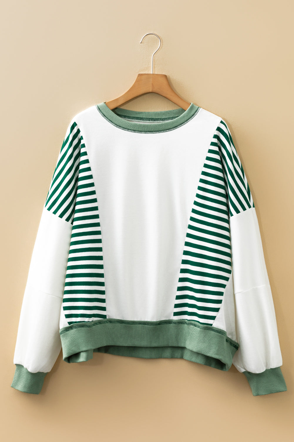 Green Stripe Colorblock Patchwork Contrast Stitching Oversize Sweatshirt-Tops/Sweatshirts & Hoodies-[Adult]-[Female]-2022 Online Blue Zone Planet