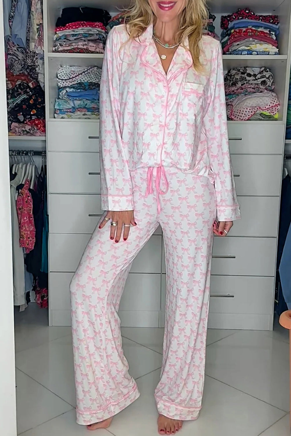 Pink Bow Print Long Sleeve Shirt and Pants Soft Pajama Set-Loungewear & Sleepwear/Sleepwear-[Adult]-[Female]-Pink-S-2022 Online Blue Zone Planet