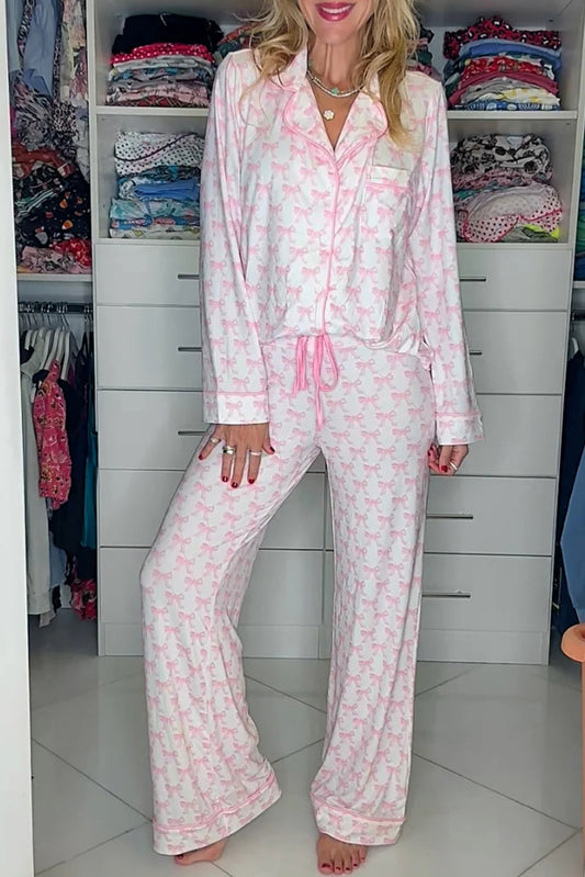 Pink Bow Print Long Sleeve Shirt and Pants Soft Pajama Set-Loungewear & Sleepwear/Sleepwear-[Adult]-[Female]-Pink-S-2022 Online Blue Zone Planet
