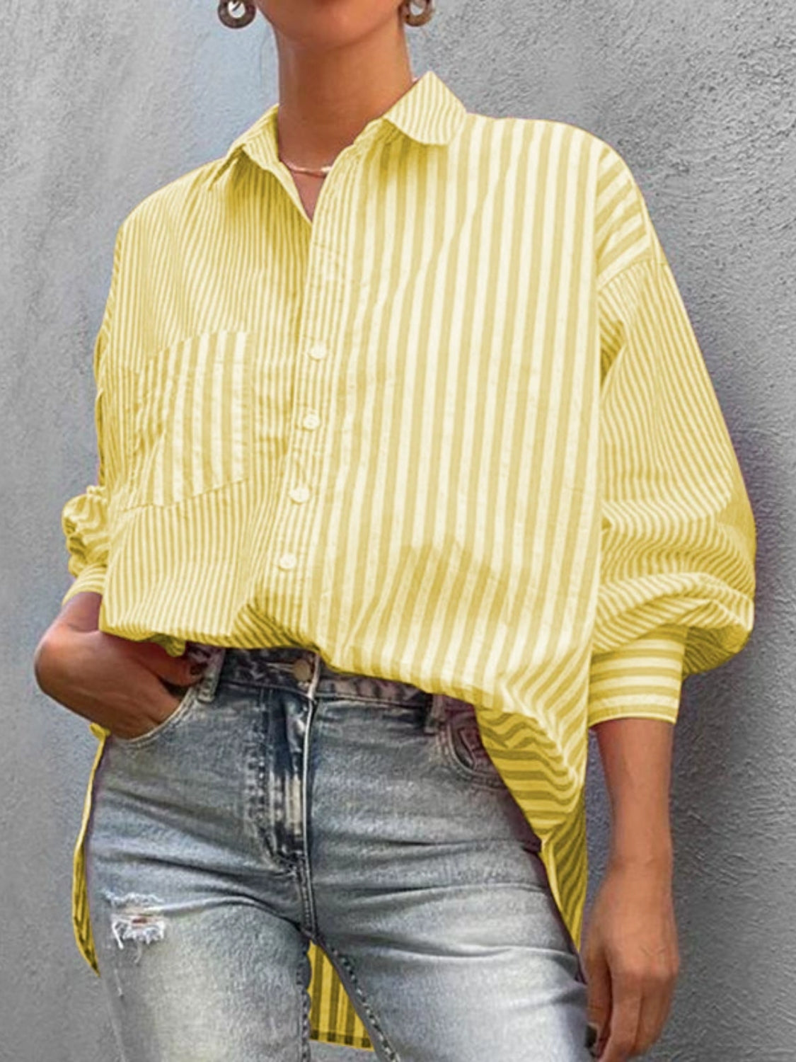 Striped Button Down Long Sleeve Shirt-TOPS / DRESSES-[Adult]-[Female]-Light Yellow-S-2022 Online Blue Zone Planet