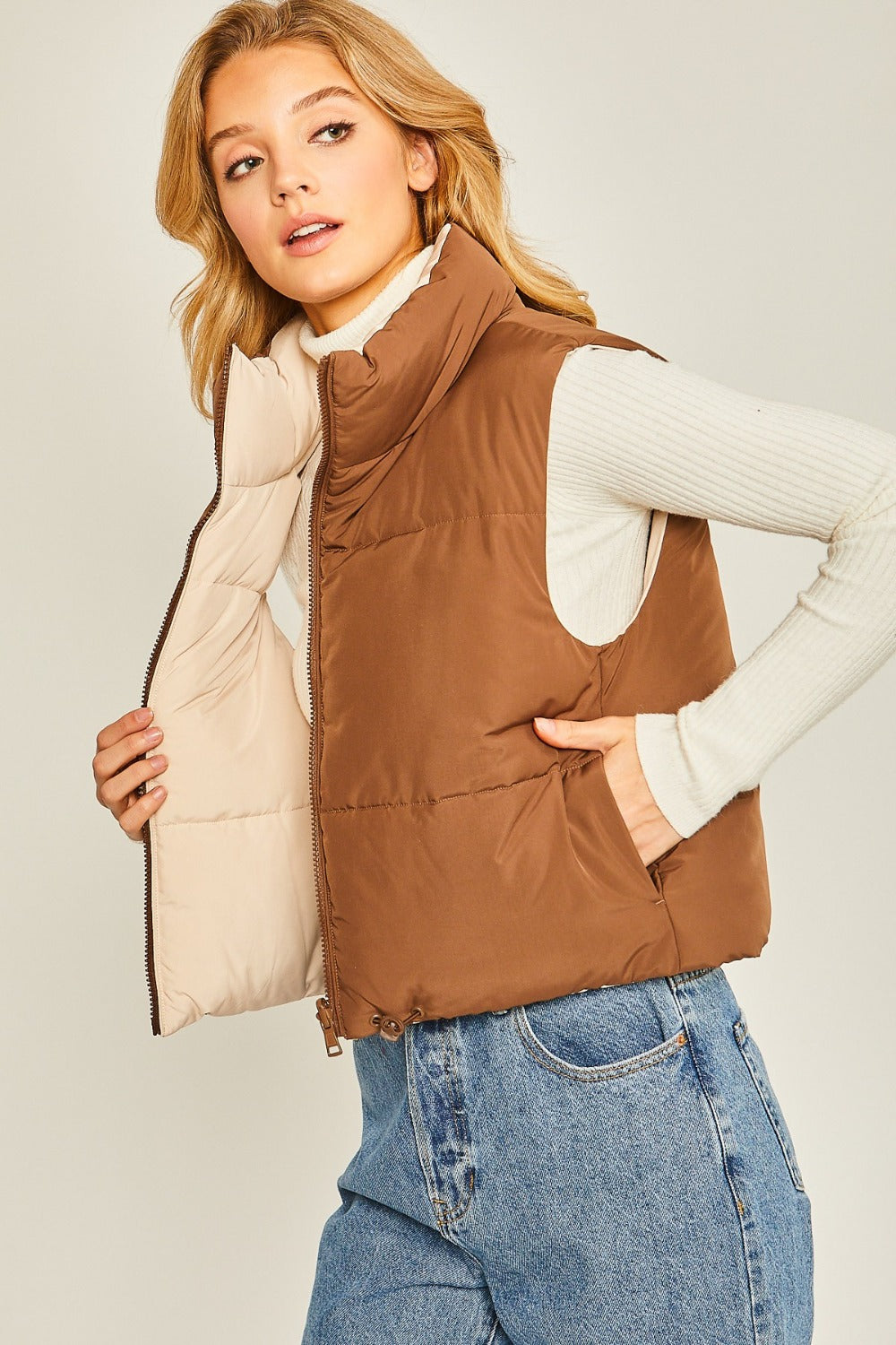 Love Tree Zip Up Cropped Contrast Reversible Vest-TOPS / DRESSES-[Adult]-[Female]-Cocoa-S-2022 Online Blue Zone Planet