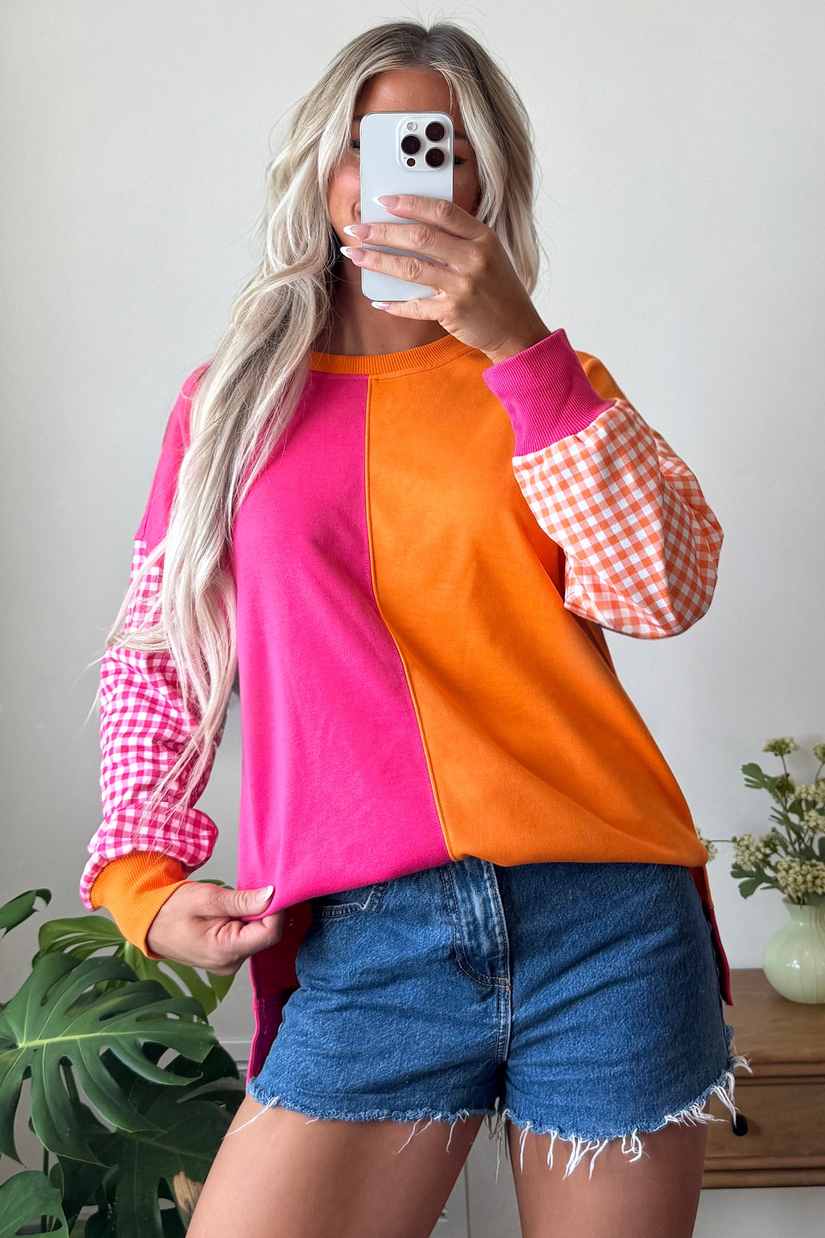 Rose Red Colorblock Gingham Sleeve Crewneck Sweatshirt-Tops/Sweatshirts & Hoodies-[Adult]-[Female]-2022 Online Blue Zone Planet