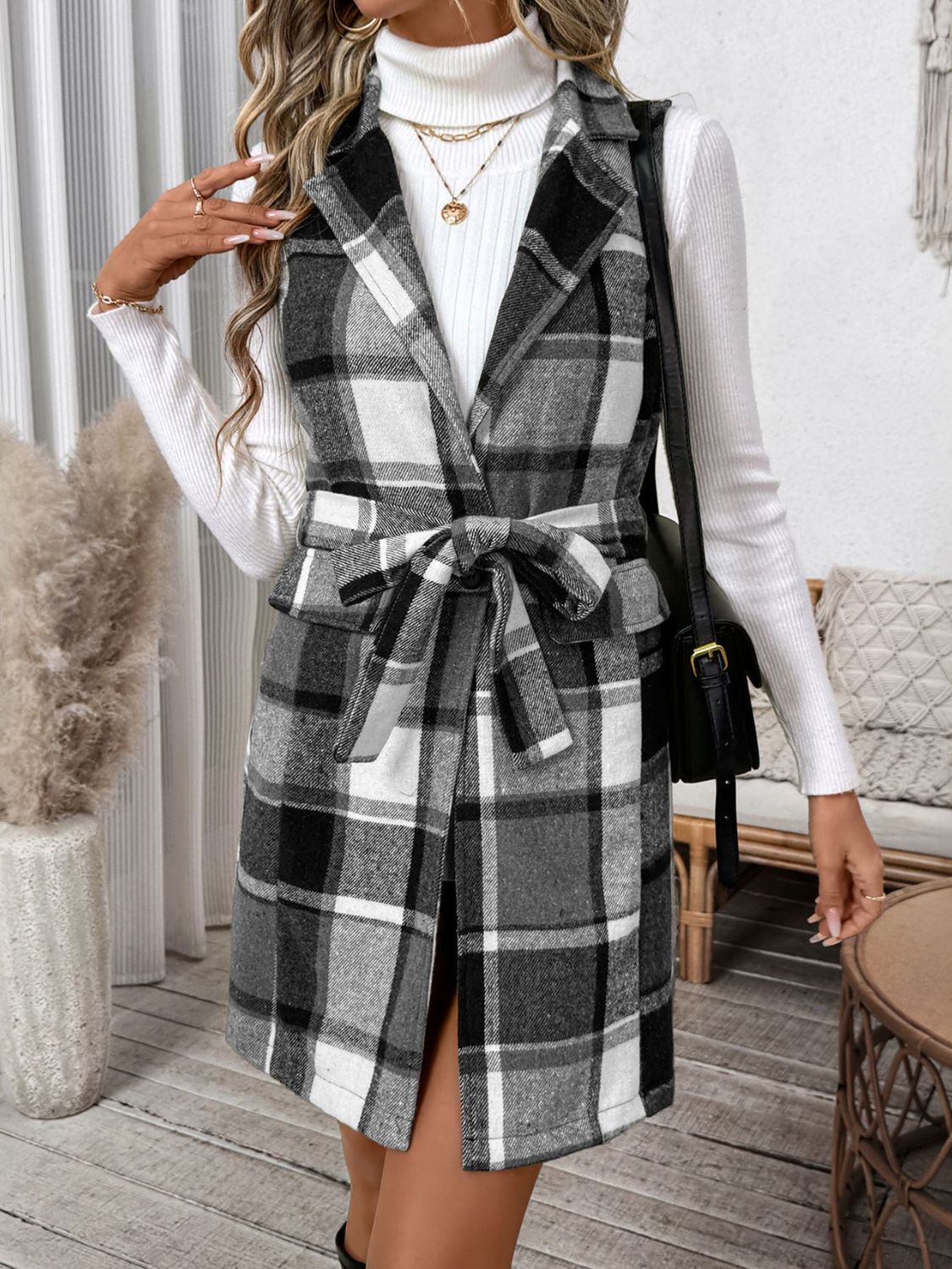 Perfee Tied Plaid Vest Coat-TOPS / DRESSES-[Adult]-[Female]-2022 Online Blue Zone Planet