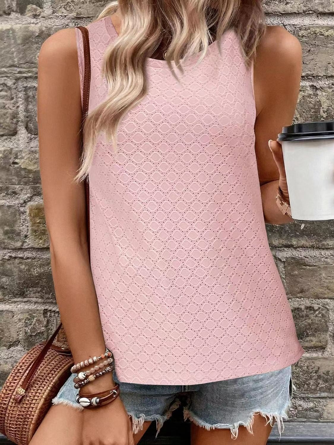 Eyelet Round Neck Tank-TOPS / DRESSES-[Adult]-[Female]-Blush Pink-S-2022 Online Blue Zone Planet