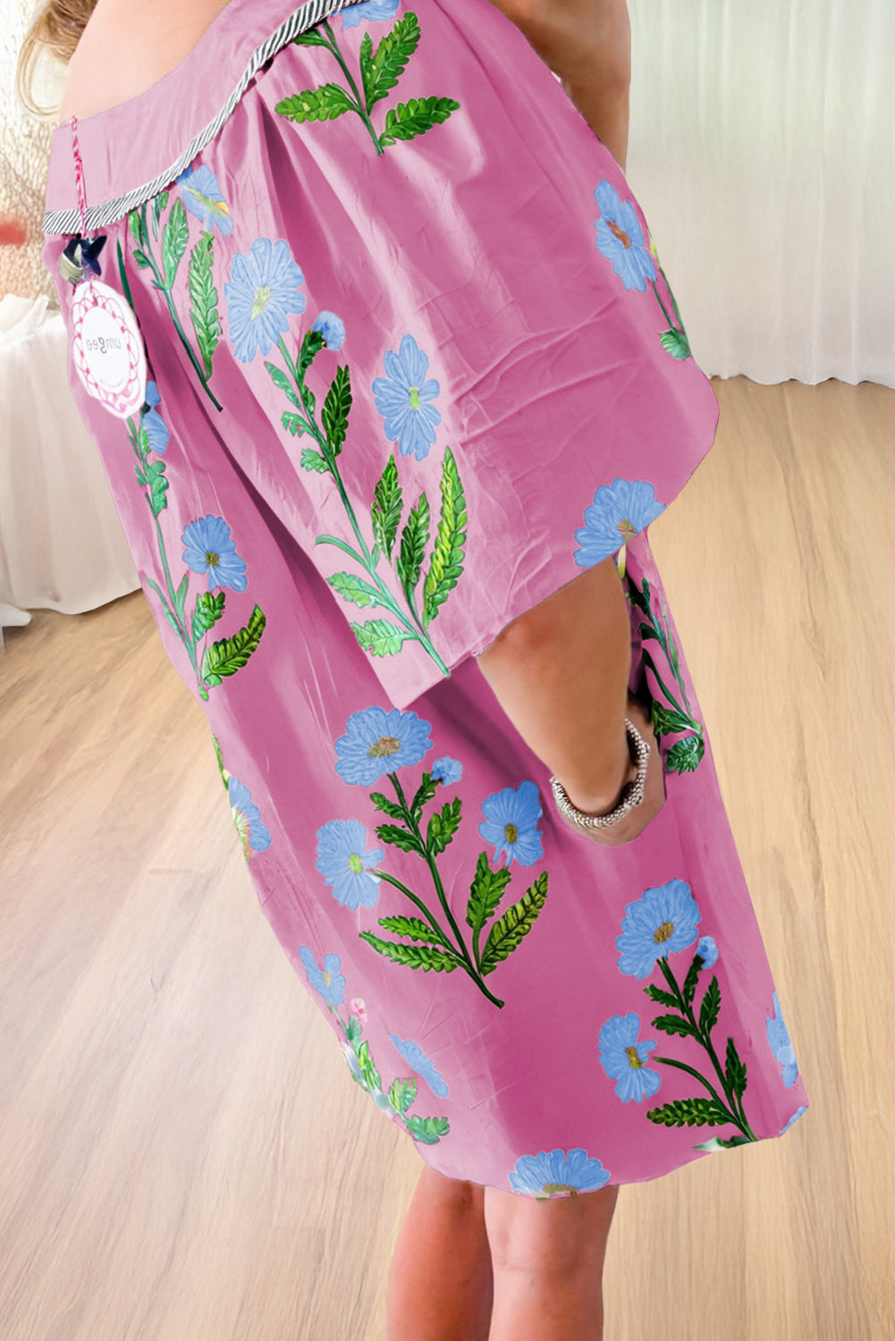 Rose Floral Short Sleeve Split Neck Loose Mini Dress-TOPS / DRESSES-[Adult]-[Female]-2022 Online Blue Zone Planet