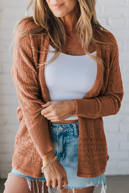 Redwood Burl Mix Pattern Hollowed Knit Open Front Cardigan-TOPS / DRESSES-[Adult]-[Female]-Redwood Burl-S-2022 Online Blue Zone Planet