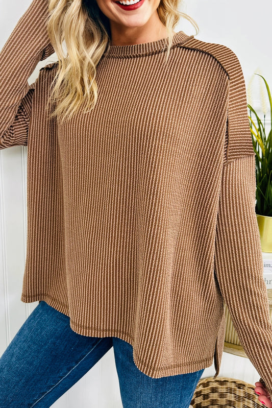 Dark Khaki Twist Ribbed Exposed Seam Detail Long Sleeve Loose Top-Tops/Long Sleeve Tops-[Adult]-[Female]-Dark Khaki-S-2022 Online Blue Zone Planet