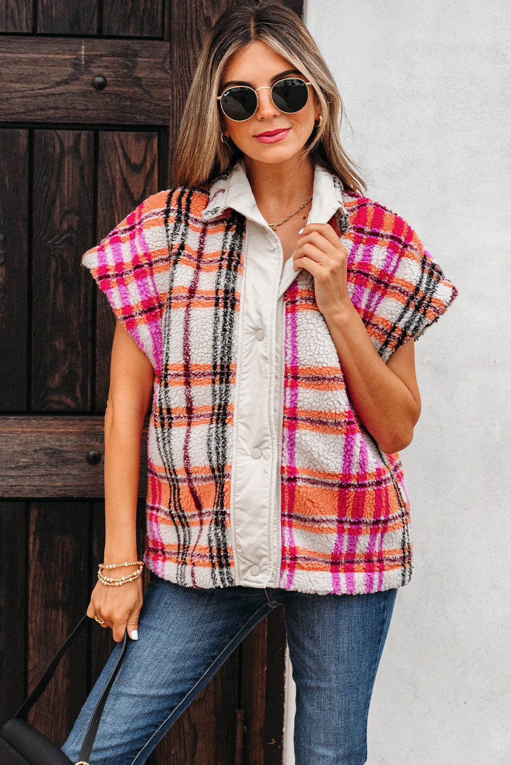 Rose Sherpa Plaid Jacket Vest-Outerwear/Vests-[Adult]-[Female]-2022 Online Blue Zone Planet