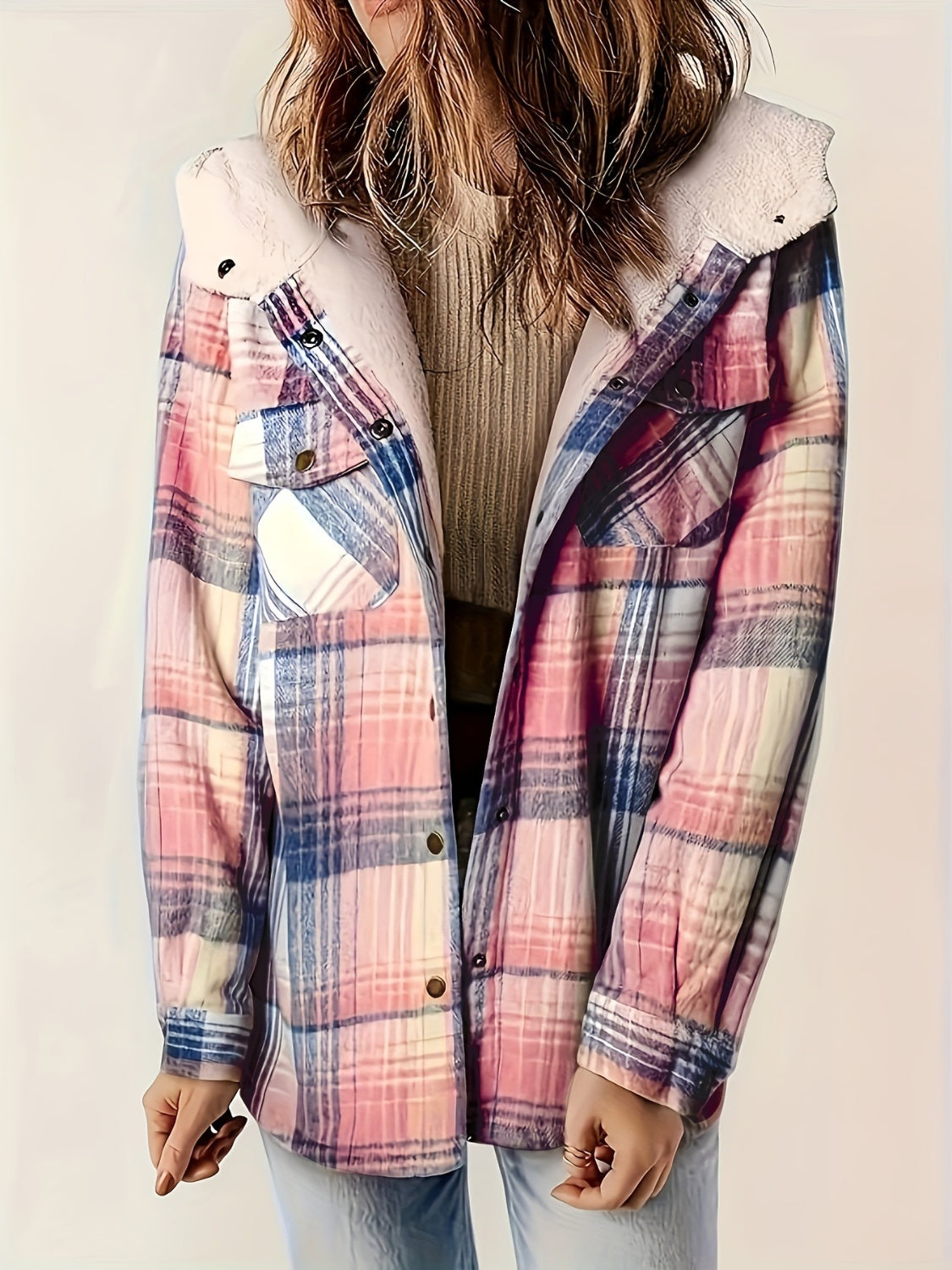 Plaid Snap Down Long Sleeve Hooded Outerwear-TOPS / DRESSES-[Adult]-[Female]-Blush Pink-S-2022 Online Blue Zone Planet