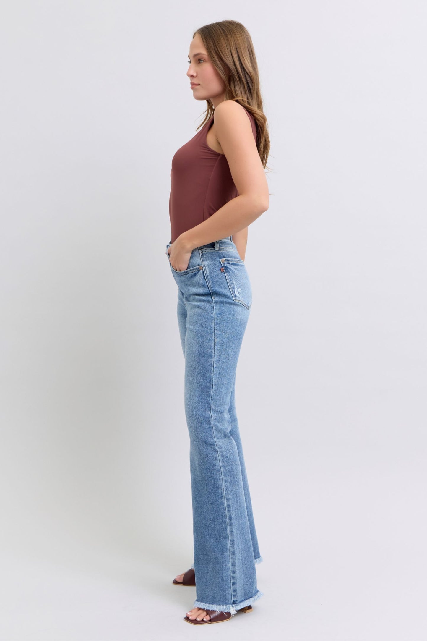 Blue Zone Planet | Judy Blue Full Size Raw Hem High Rise Bootcut Jeans-BOTTOM SIZES SMALL MEDIUM LARGE-[Adult]-[Female]-2022 Online Blue Zone Planet