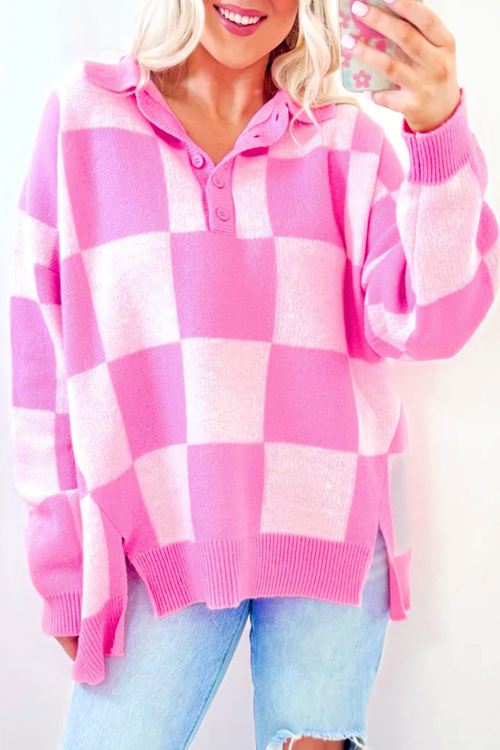 Slit Checkered Half Button Long Sleeve Sweater-TOPS / DRESSES-[Adult]-[Female]-Fuchsia Pink-L-2022 Online Blue Zone Planet