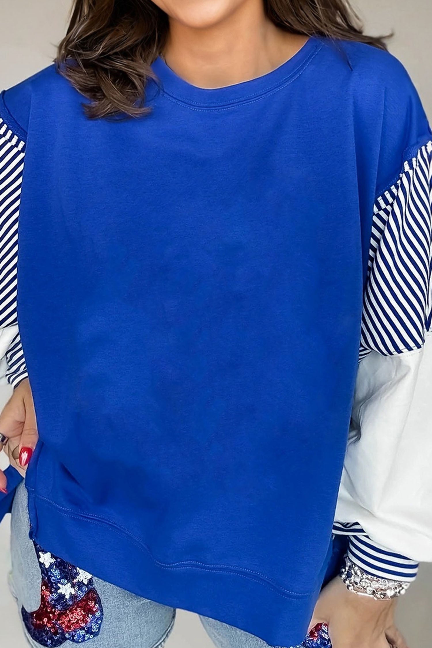 Dark Blue Striped Patchwork Sleeve Colorblock Sweatshirt-Tops/Sweatshirts & Hoodies-[Adult]-[Female]-2022 Online Blue Zone Planet