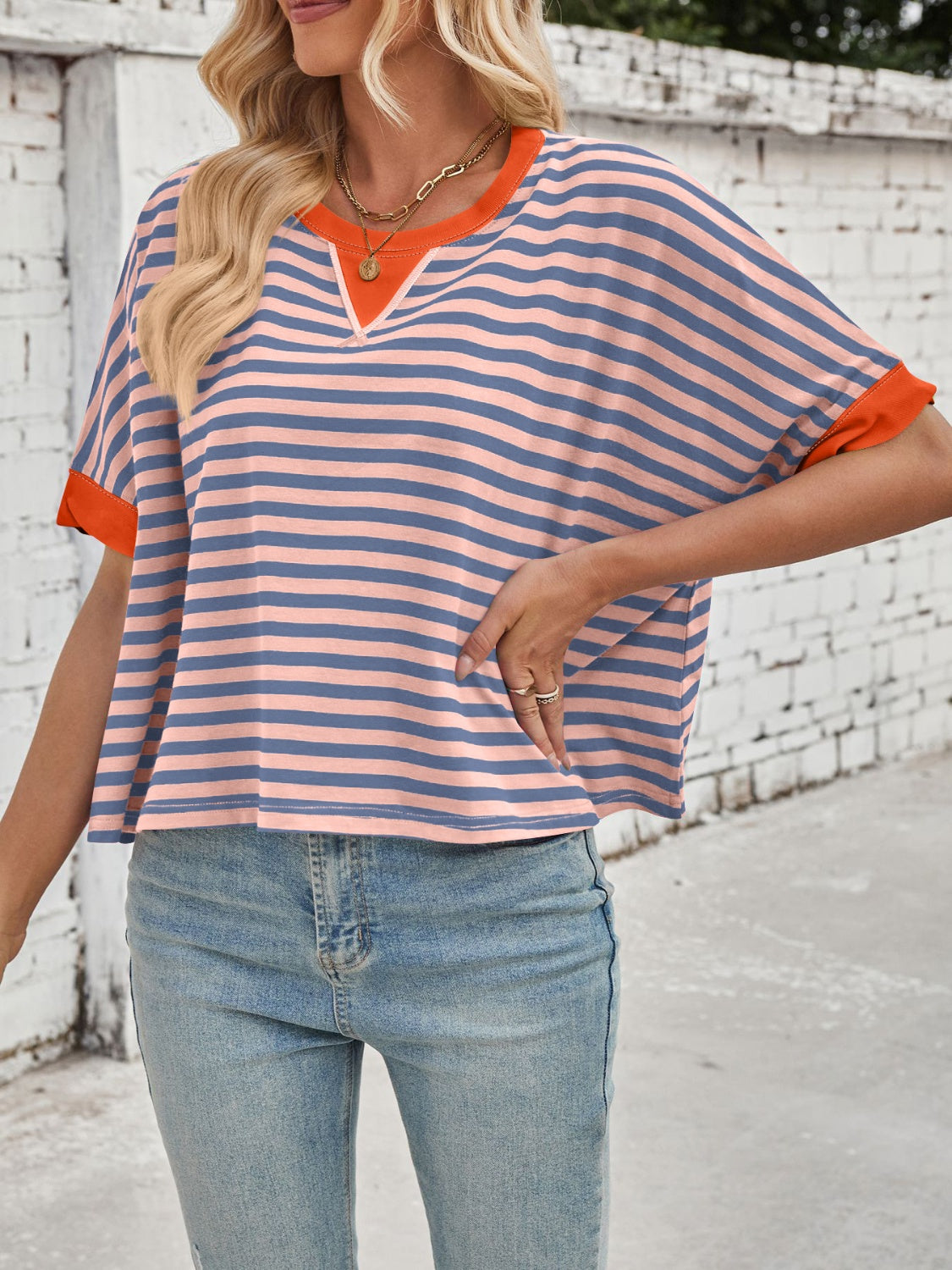 Lovelet Striped Round Neck Short Sleeve T-Shirt-TOPS / DRESSES-[Adult]-[Female]-2022 Online Blue Zone Planet