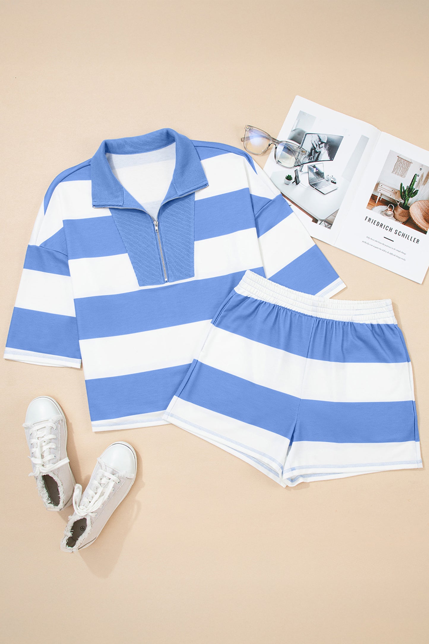 Sky Blue Stripe Drop Shoulder Zipped Collar T Shirt Plus Size Shorts Set-Plus Size/Plus Size Loungewear-[Adult]-[Female]-2022 Online Blue Zone Planet