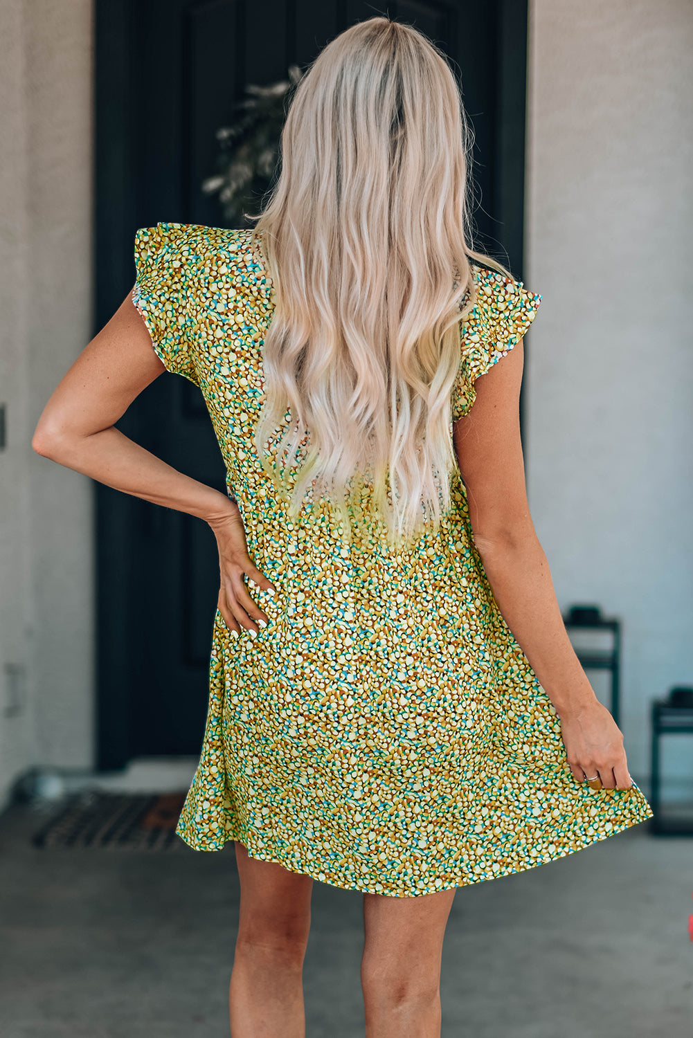 Ruffled Printed V-Neck Cap Sleeve Dress BLUE ZONE PLANET