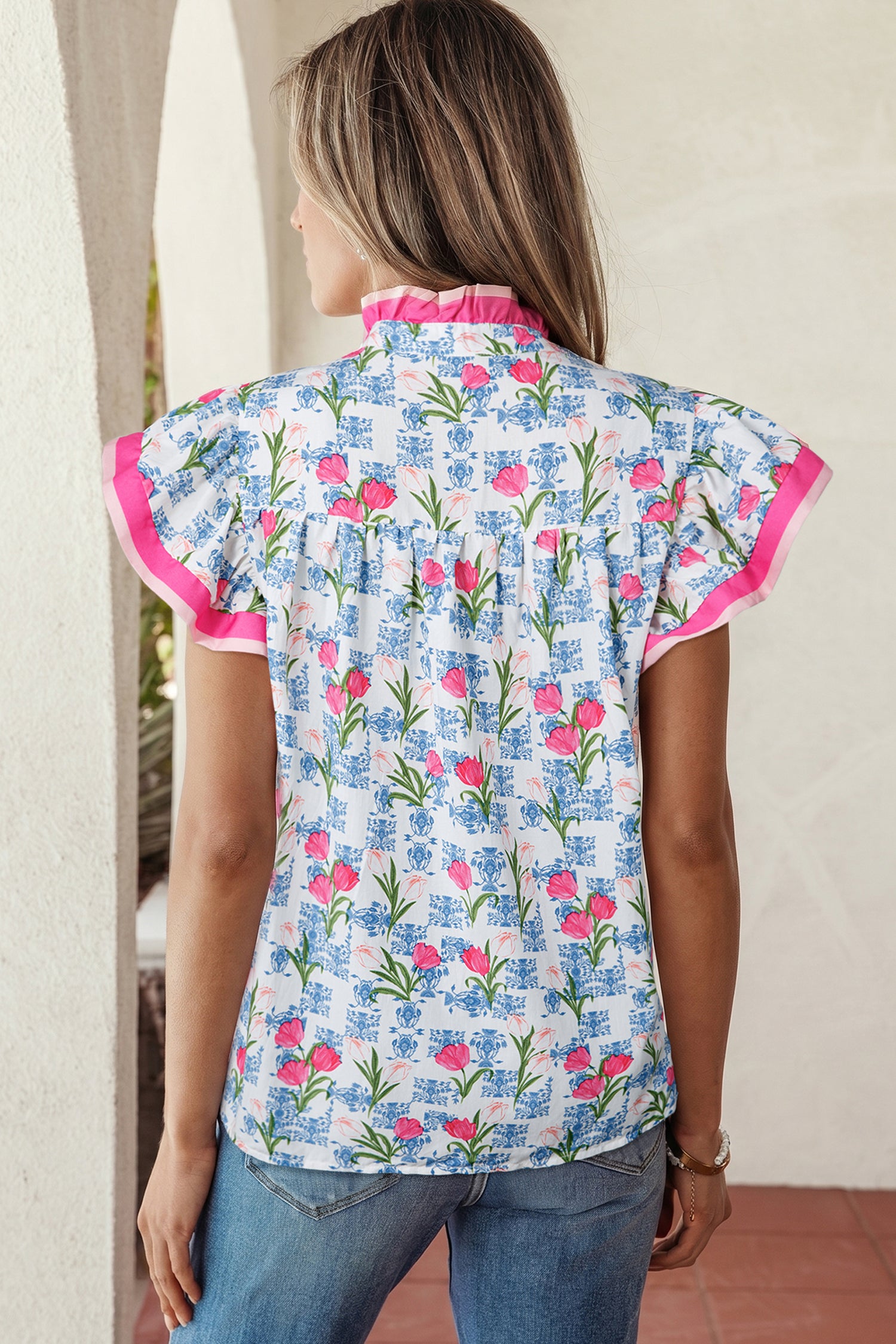 Rose Floral Print Color Block Striped Trim Flutter Sleeve Half Button Blouse-Tops/Blouses & Shirts-[Adult]-[Female]-2022 Online Blue Zone Planet