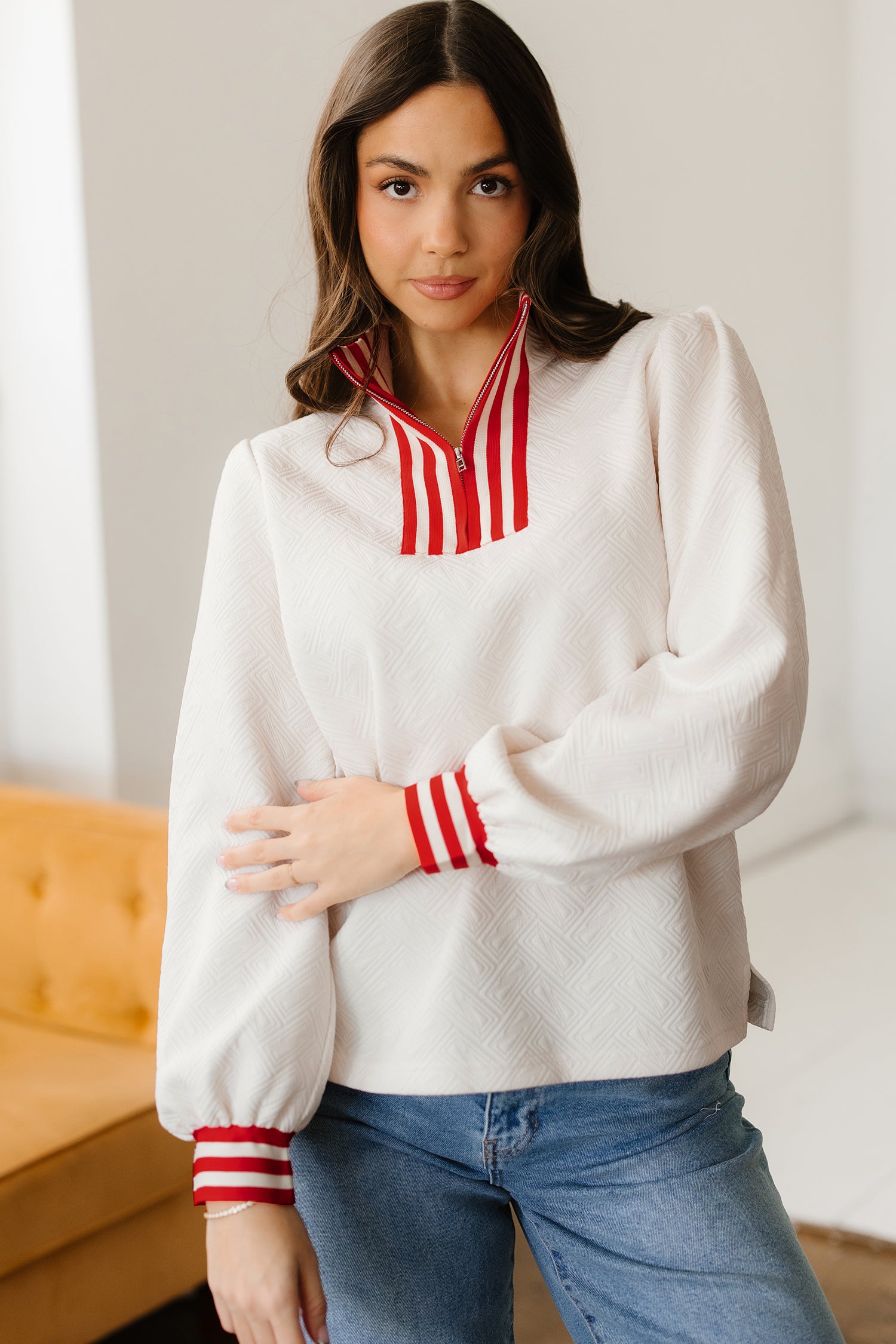 White Textured Knit Contrast Striped Accent Zipped Collar Pullover Top-Tops/Long Sleeve Tops-[Adult]-[Female]-2022 Online Blue Zone Planet
