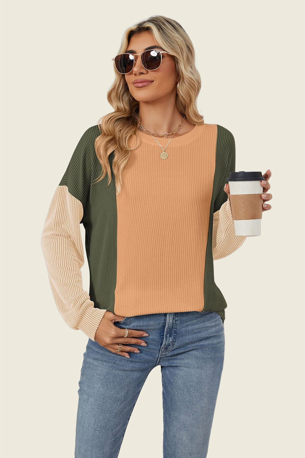 Double Take Texture Contrast Round Neck Long Sleeve T-Shirt-TOPS / DRESSES-[Adult]-[Female]-2022 Online Blue Zone Planet