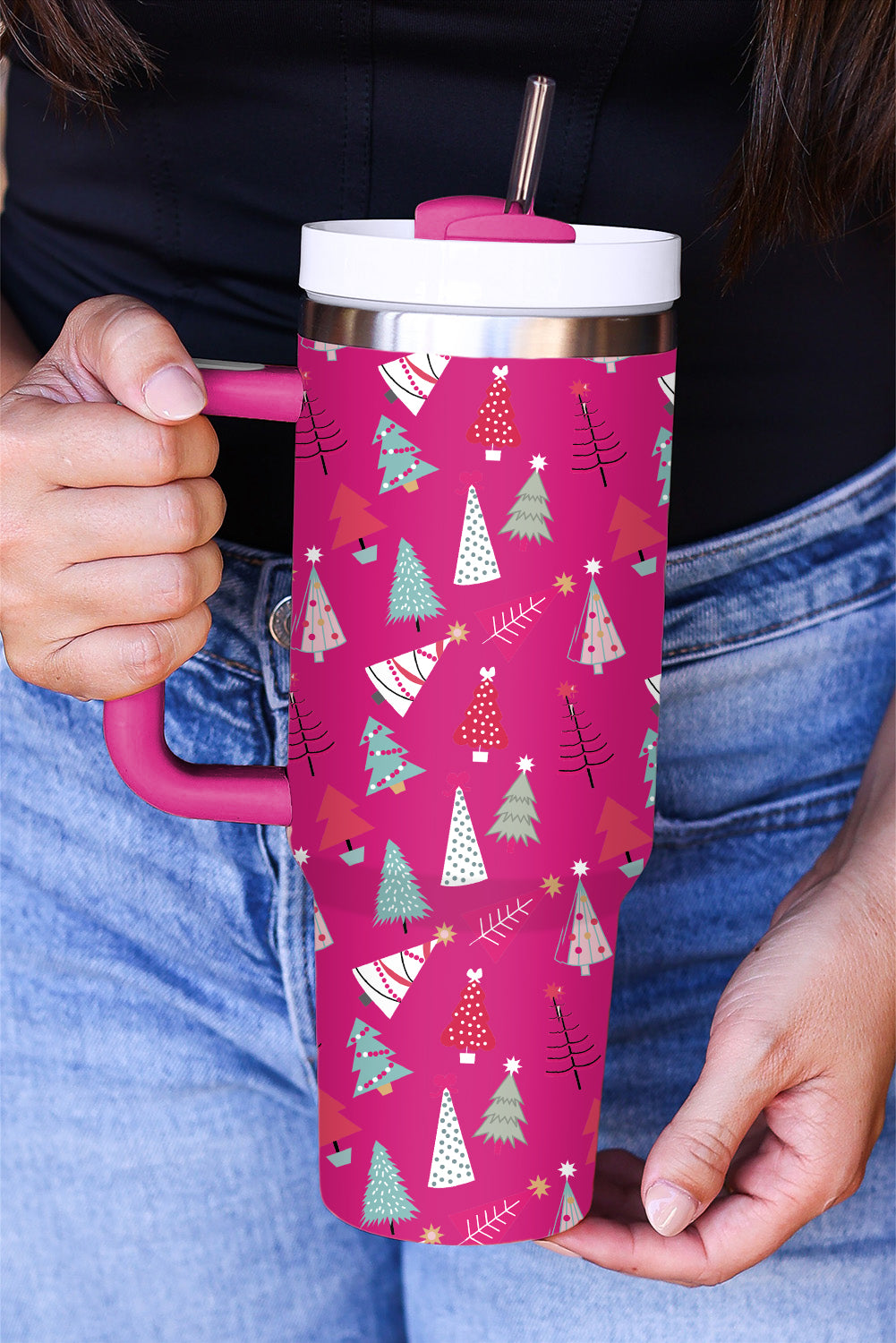 Rose Red Cartoon Christmas Tree Printed Thermos Cup 40oz-Accessories/Tumblers-[Adult]-[Female]-Rose Red-ONE SIZE-2022 Online Blue Zone Planet