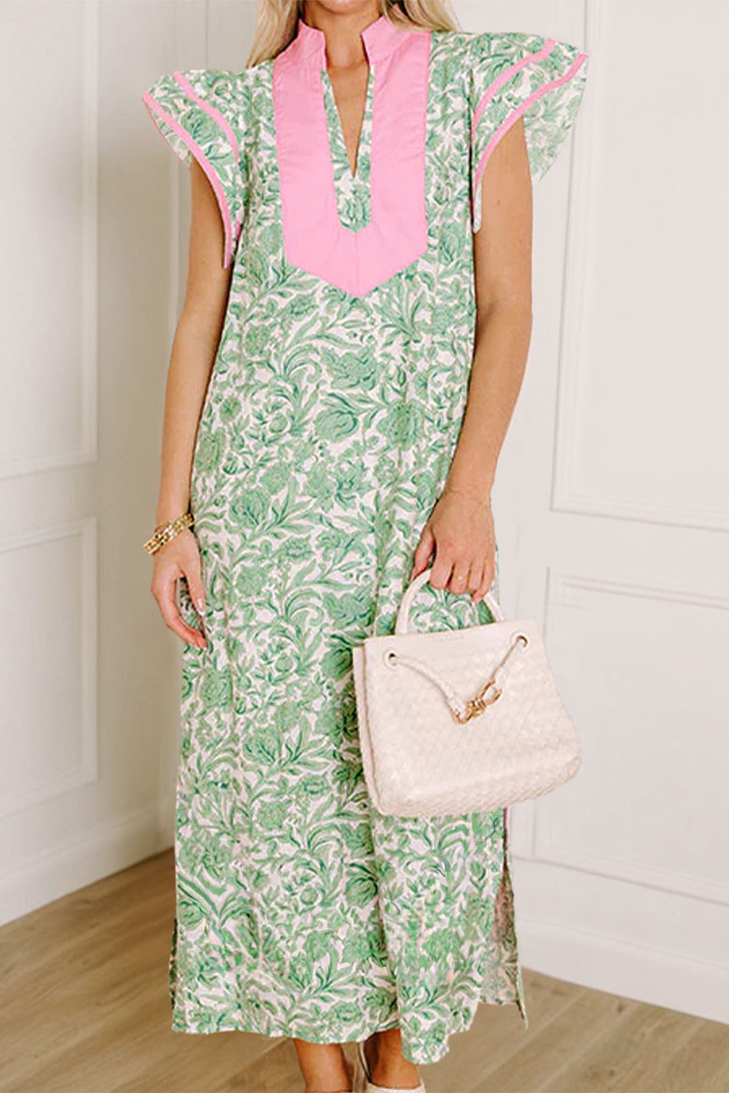 Pink Floral Print Color Block Patchwork V Neck Short Sleeve Midi Dress-Dresses/Floral Dresses-[Adult]-[Female]-Green-S-2022 Online Blue Zone Planet