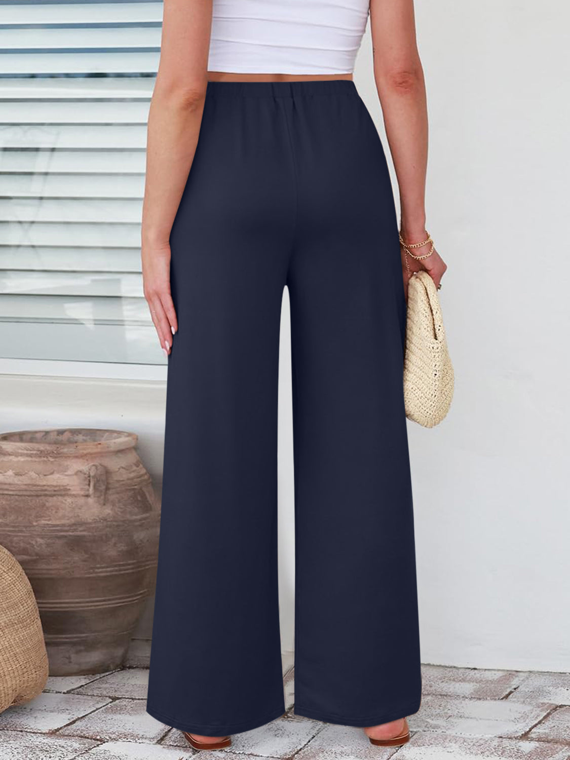 Elastic Waist Wide Leg Pants-BOTTOMS SIZES SMALL MEDIUM LARGE-[Adult]-[Female]-2022 Online Blue Zone Planet