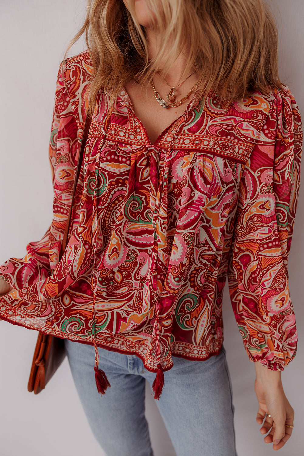 Multicolour Ethnic Paisley Print Tassel Tie Puff Sleeve Boho Blouse-Tops/Blouses & Shirts-[Adult]-[Female]-2022 Online Blue Zone Planet