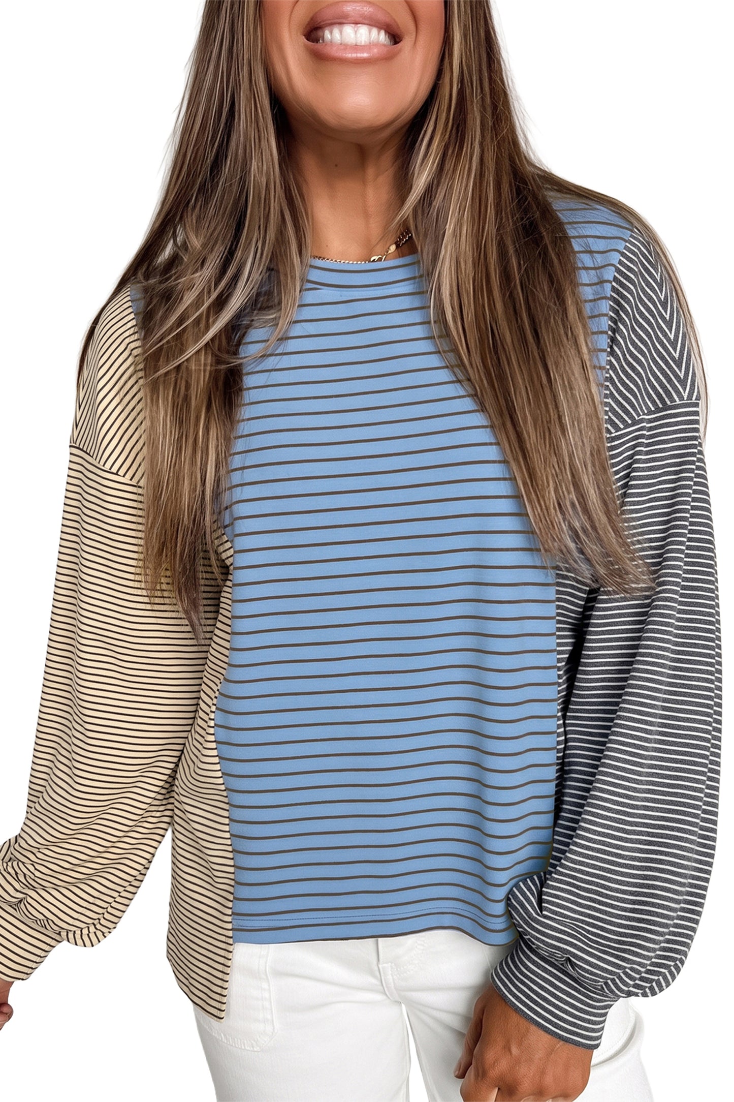 Sky Blue Stripe Color Block Contrast Long Sleeve Round Neck Casual Shift Pullover-Tops/Long Sleeve Tops-[Adult]-[Female]-2022 Online Blue Zone Planet