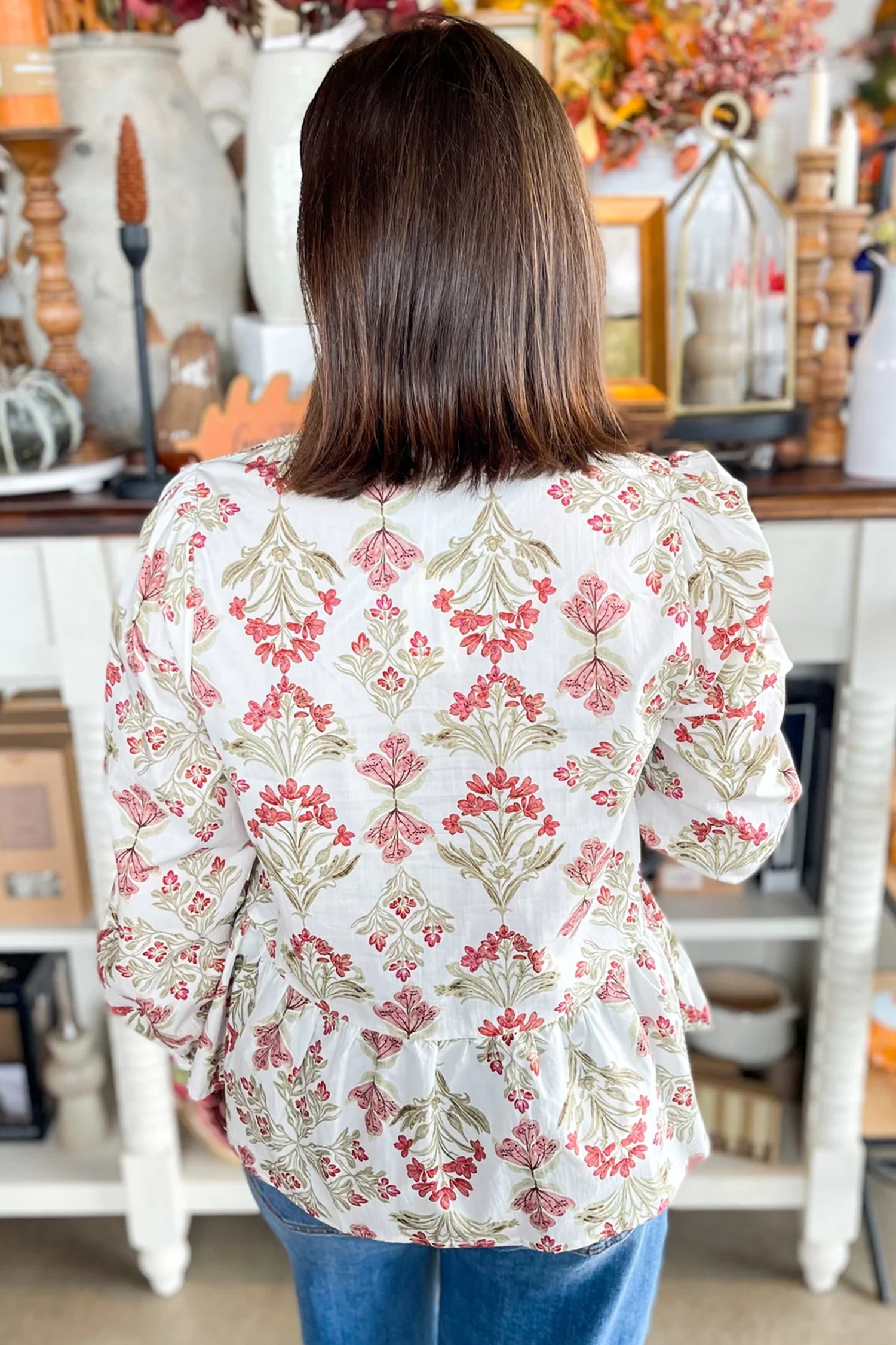 Floral Print Frilled Color Block Trim V Neck Long Sleeve Peplum Top-Tops/Blouses & Shirts-[Adult]-[Female]-2022 Online Blue Zone Planet