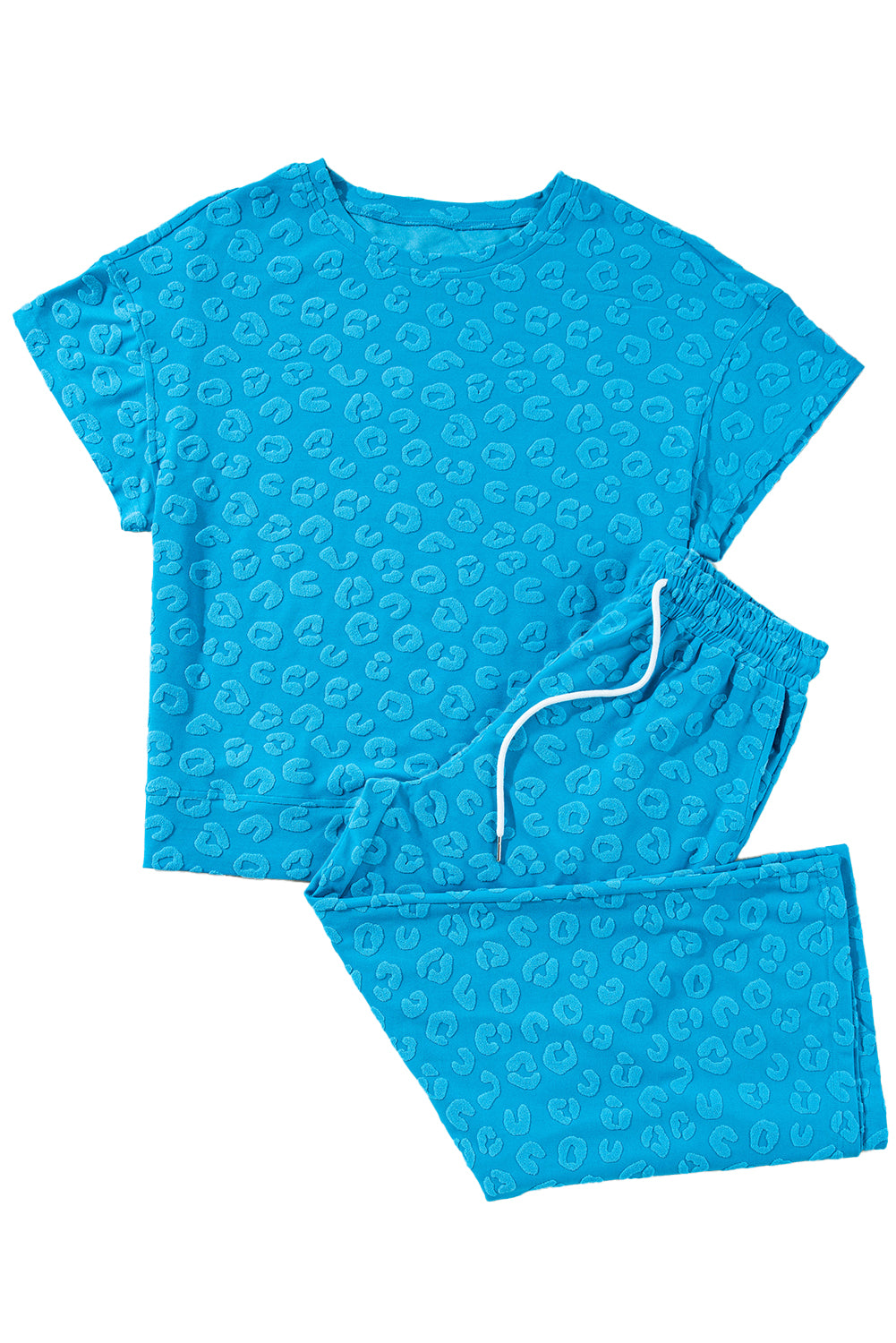Blue Zone Planet | Blue Leopard Jacquard Short Sleeve Top and Wide Leg Pants Set-Two Piece Sets/Pant Sets-[Adult]-[Female]-2022 Online Blue Zone Planet