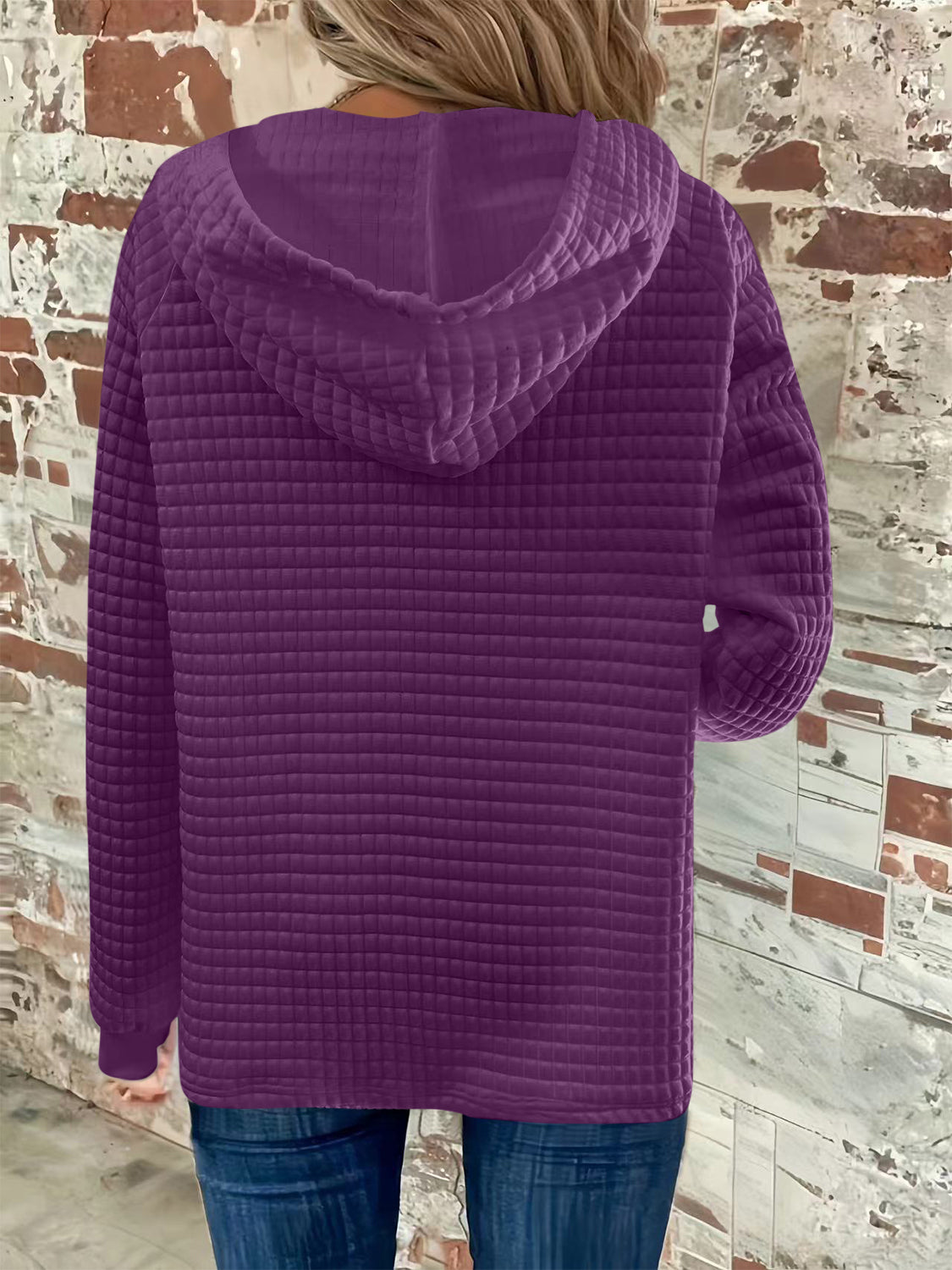 Full Size Texture Button Detail Drawstring Long Sleeve Hoodie-TOPS / DRESSES-[Adult]-[Female]-Violet-S-2022 Online Blue Zone Planet