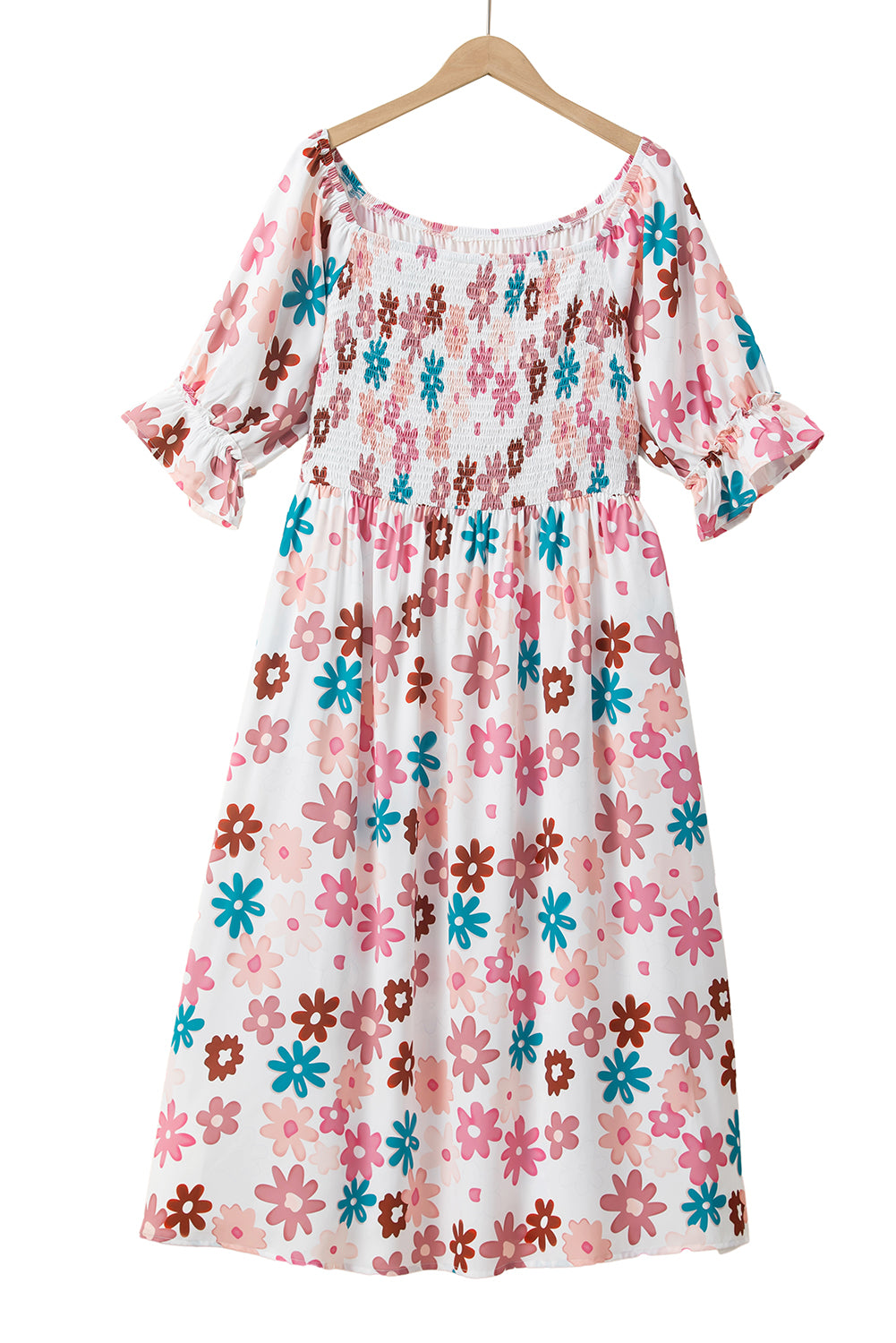 White Plus Size Flower Print Smocked Off Shoulder Dress-TOPS / DRESSES-[Adult]-[Female]-2022 Online Blue Zone Planet