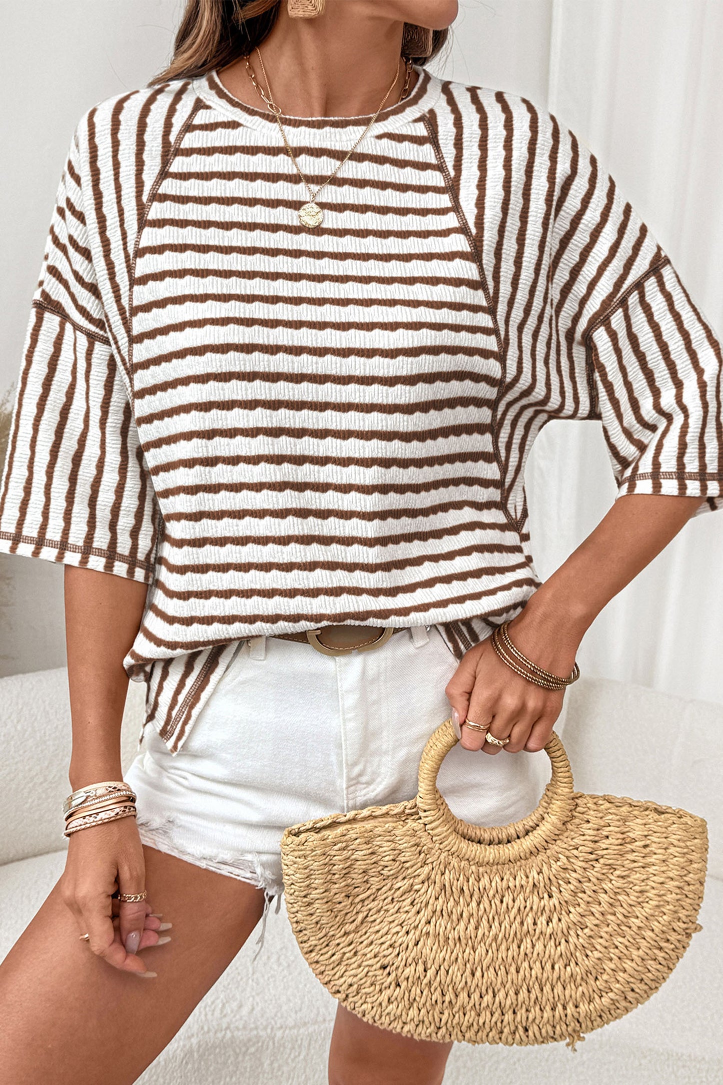 Brown Stripe Textured Knit Split Hem Half Sleeve Loose Top-Tops/Tops & Tees-[Adult]-[Female]-Brown Stripe-S-2022 Online Blue Zone Planet