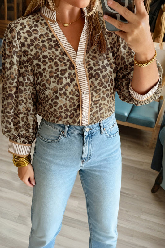 Khaki Contrast Striped Trim V Neck Leopard Shirt-Tops/Blouses & Shirts-[Adult]-[Female]-Khaki-S-2022 Online Blue Zone Planet