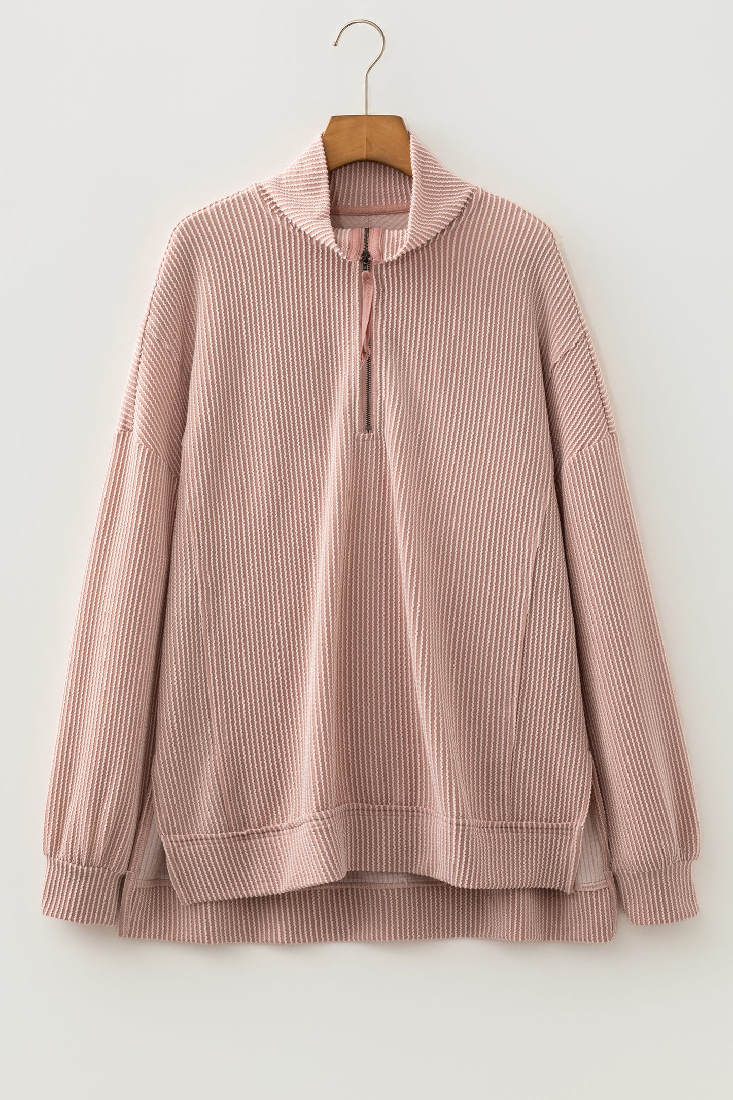 Oatmeal Twist Ribbed Zipper Collar Drop Shoulder Long Sleeve Top-Tops/Long Sleeve Tops-[Adult]-[Female]-2022 Online Blue Zone Planet