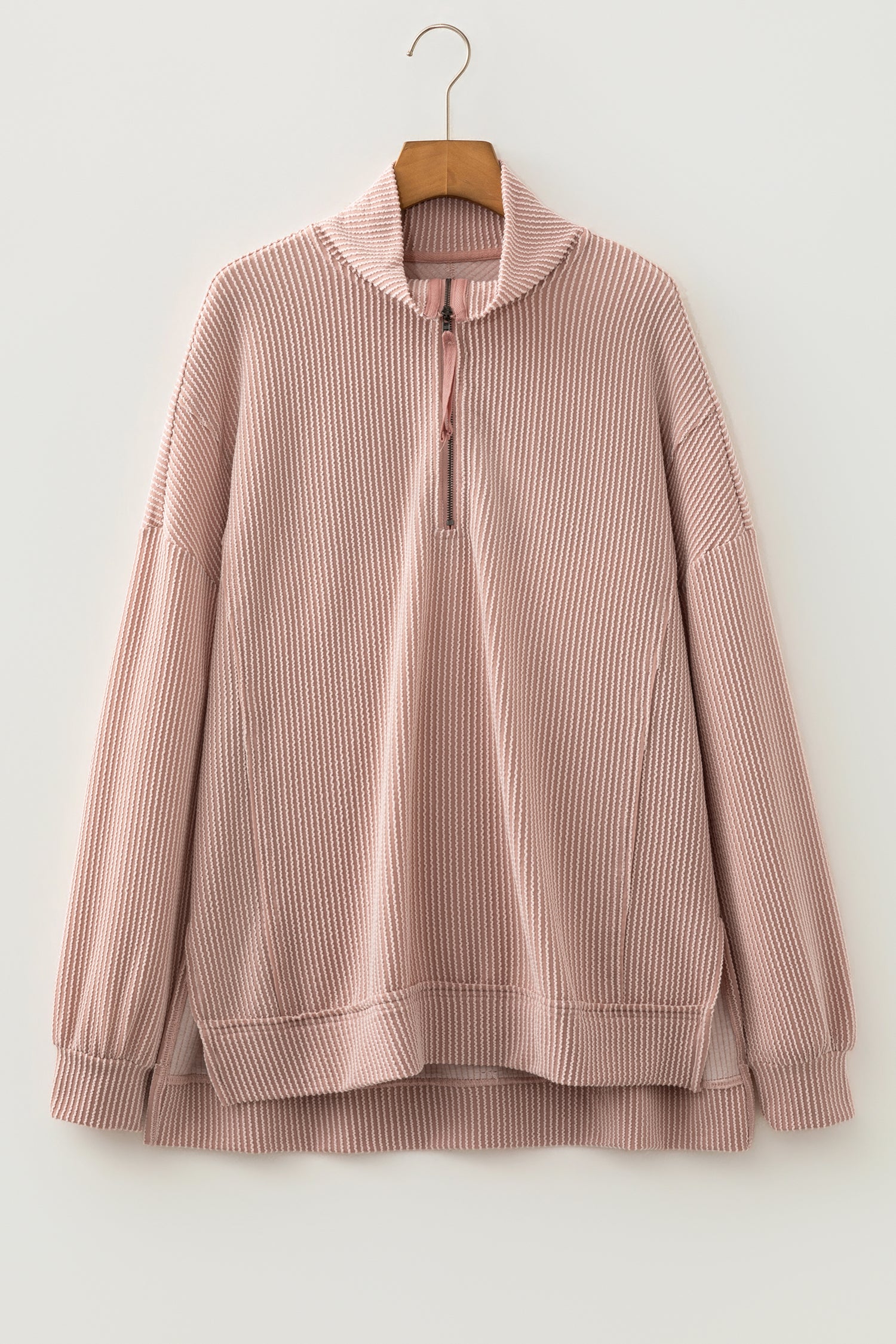 Oatmeal Twist Ribbed Zipper Collar Drop Shoulder Long Sleeve Top-Tops/Long Sleeve Tops-[Adult]-[Female]-2022 Online Blue Zone Planet