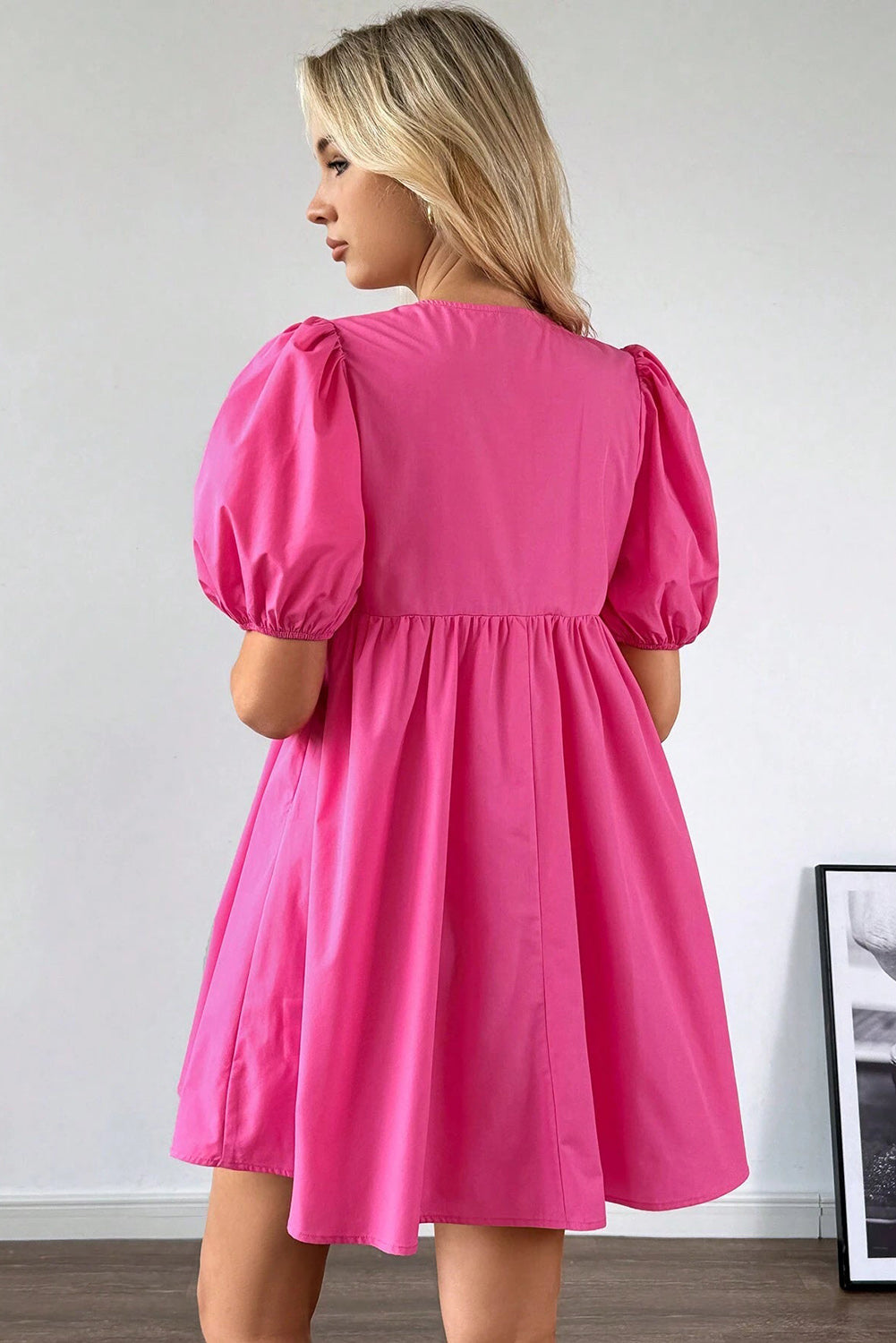 Bright Pink Solid Color Puff Sleeve Tie Front High Waist Mini Dress-TOPS / DRESSES-[Adult]-[Female]-2022 Online Blue Zone Planet