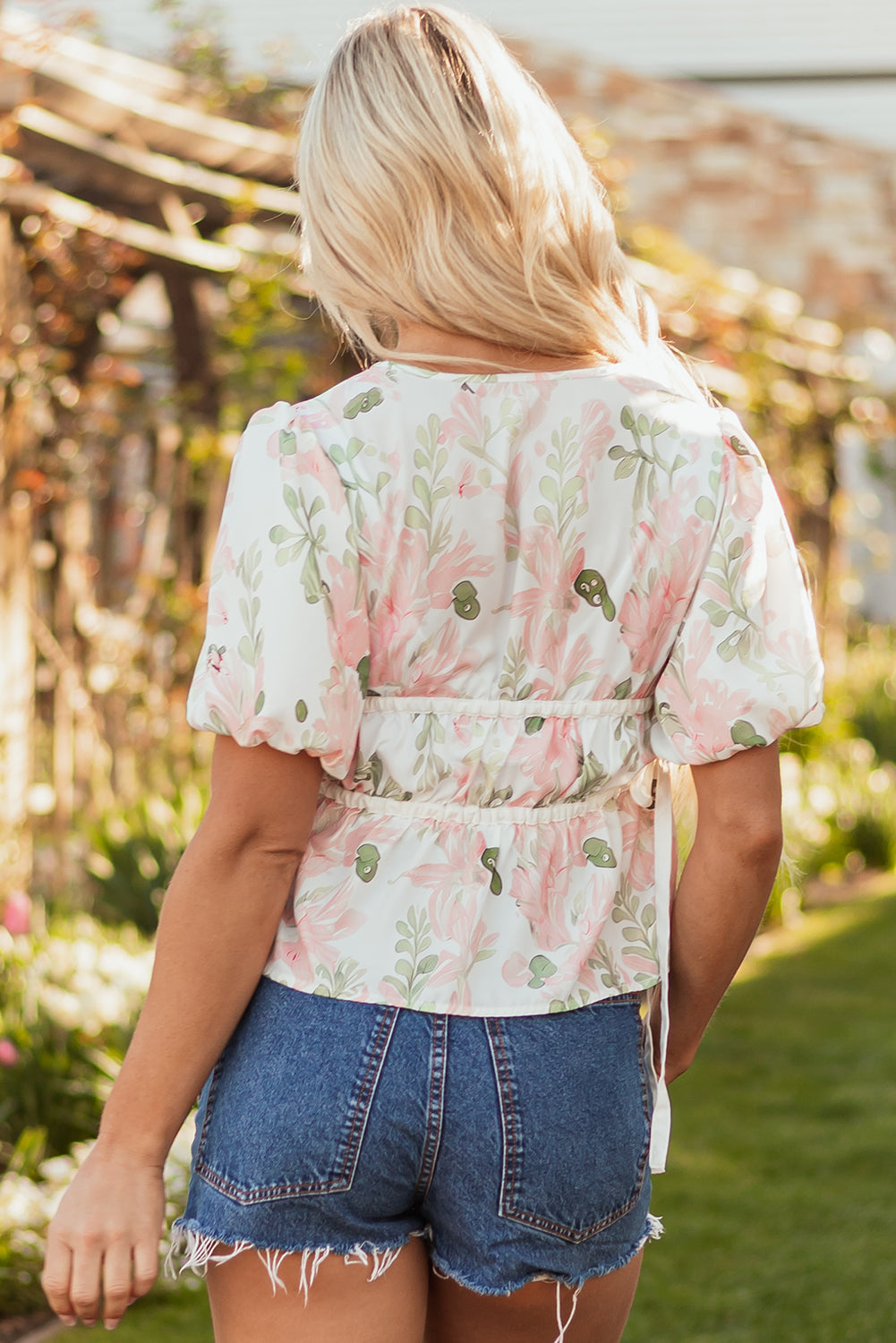 Pink Floral Puff Sleeve V Neck Tied Front Peplum Blouse-Tops/Blouses & Shirts-[Adult]-[Female]-2022 Online Blue Zone Planet