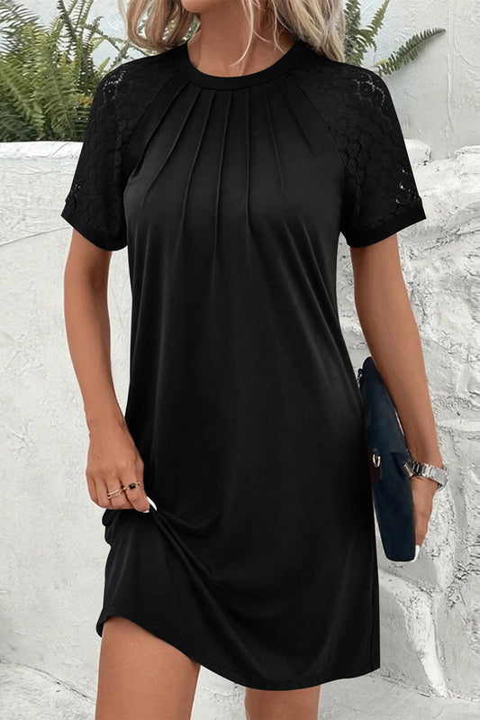 Black Contrast Lace Raglan Sleeve Pleated Detail Shift Dress-TOPS / DRESSES-[Adult]-[Female]-Black-S-2022 Online Blue Zone Planet