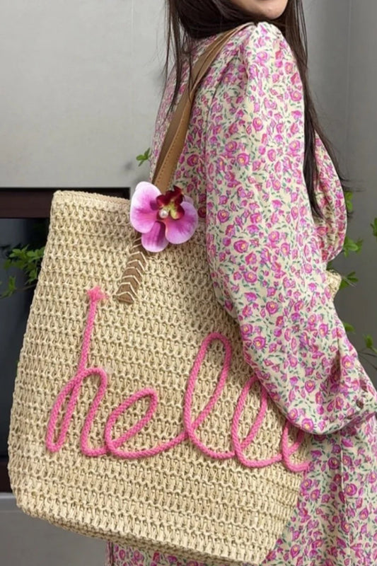 Khaki Hello Boho Handwoven Floral Accent Travel Tote Bag-Shoes & Bags/Shoulder Bags-[Adult]-[Female]-Khaki-ONE SIZE-2022 Online Blue Zone Planet