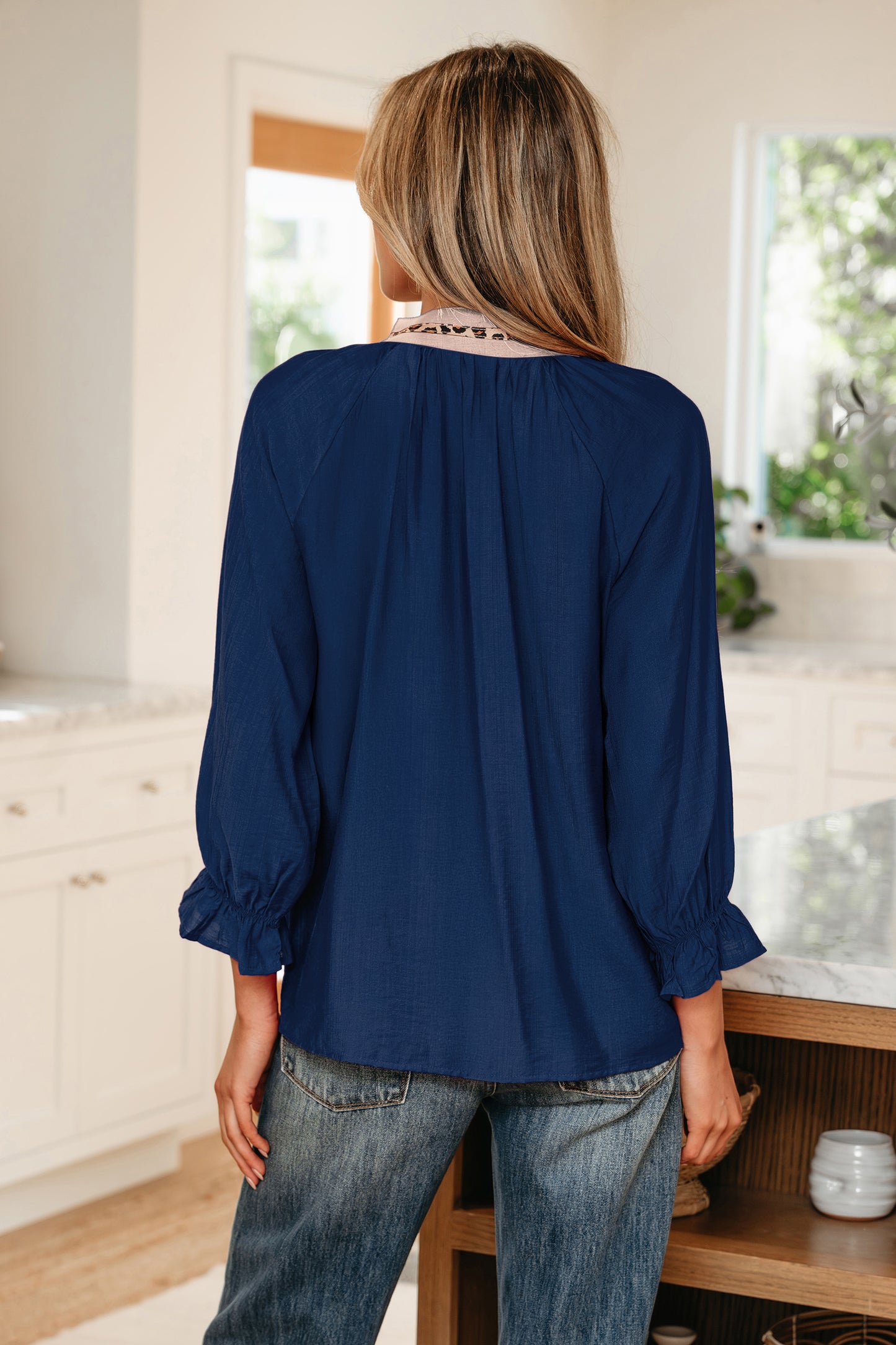 Violet Leopard Trim V Neck Flounced Bracelet Sleeve Blouse-Bracelet-[Adult]-[Female]-2022 Online Blue Zone Planet