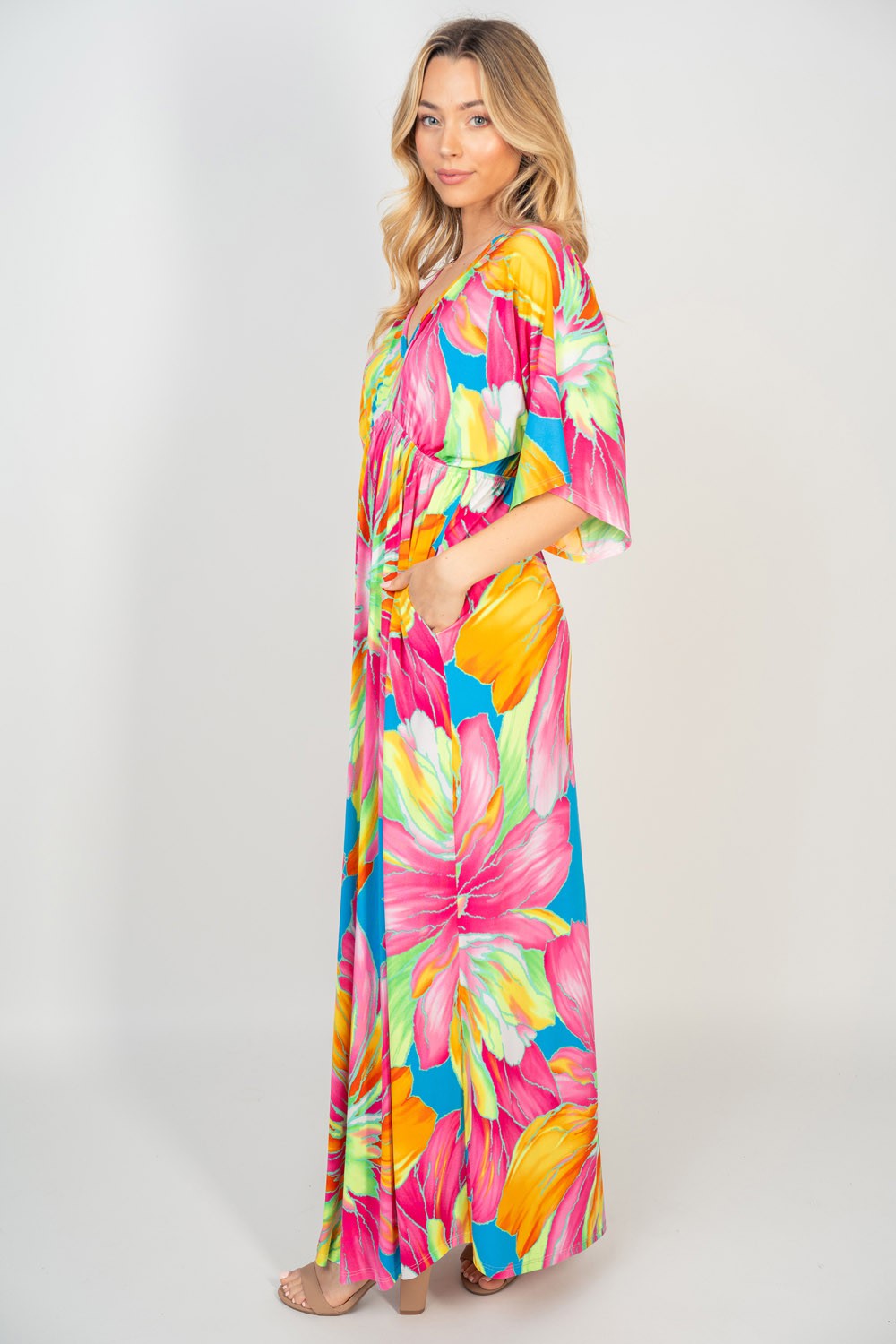 White Birch Printed V-Neck Maxi Dress with Pockets-[Adult]-[Female]-2022 Online Blue Zone Planet