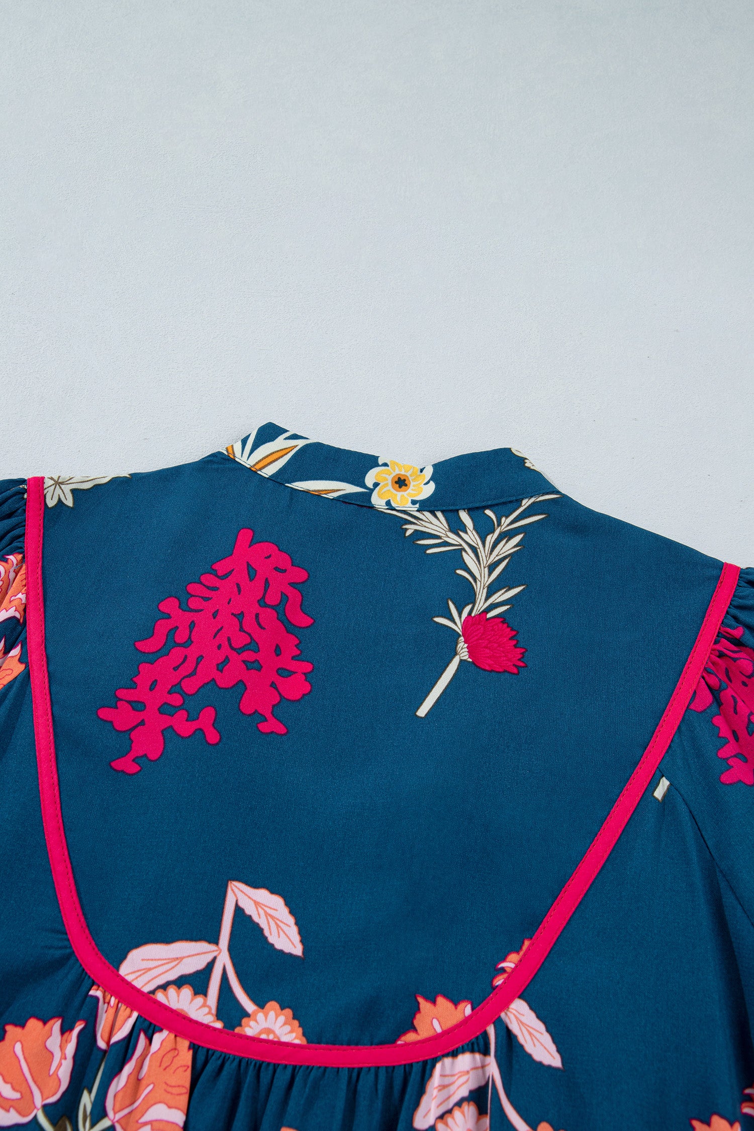 Blue Floral Print Gathered Neckline 7/8 Sleeve Casual Midi Dress-TOPS / DRESSES-[Adult]-[Female]-2022 Online Blue Zone Planet