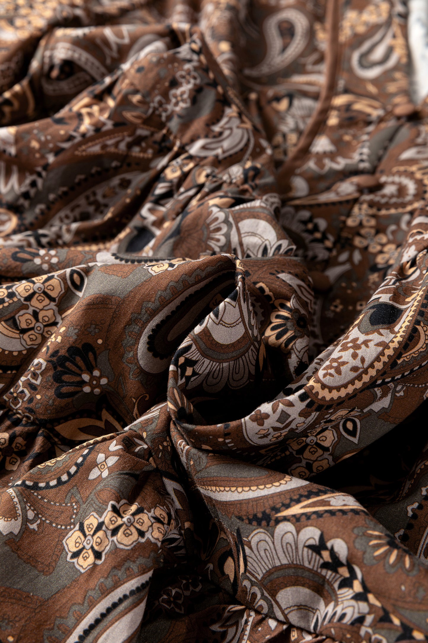 Brown Paisley Print Half Buttons Puff Sleeve Flowy Short Dress-TOPS / DRESSES-[Adult]-[Female]-2022 Online Blue Zone Planet