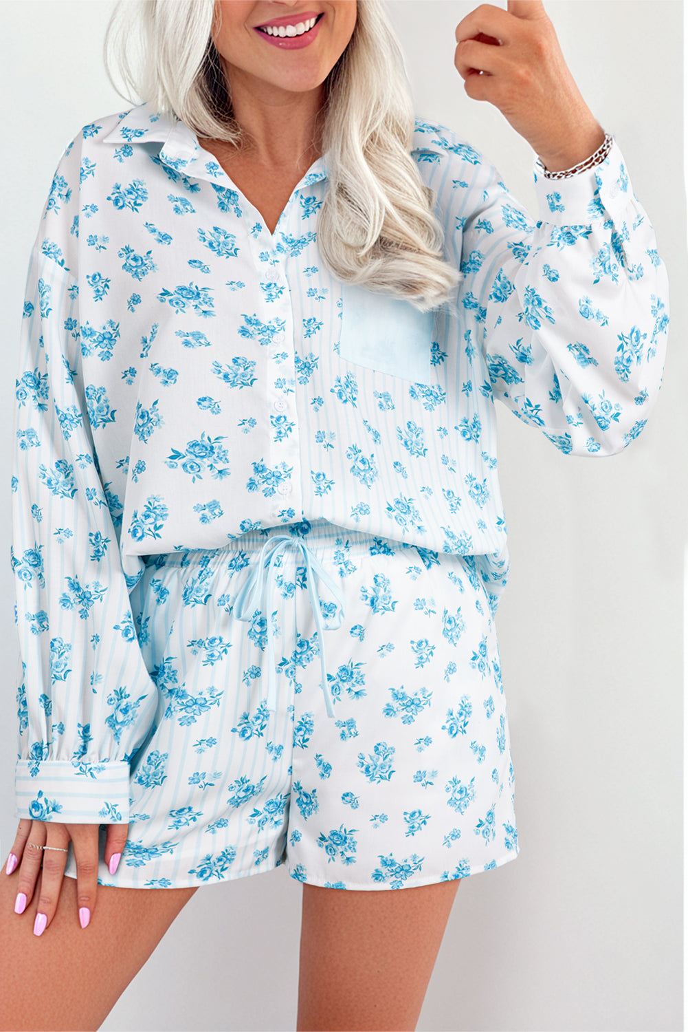 Sky Blue Floral Striped Print Contrast Patched Pocket Shirt and Shorts Set-Two Piece Sets/Short Sets-[Adult]-[Female]-Sky Blue-S-2022 Online Blue Zone Planet