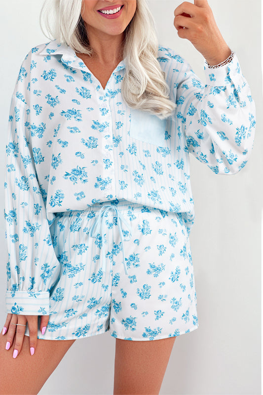 Sky Blue Floral Striped Print Contrast Patched Pocket Shirt and Shorts Set