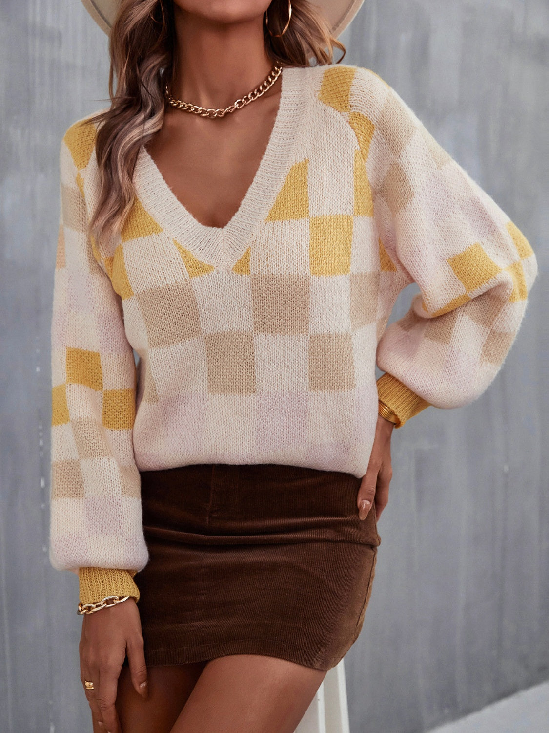 Angel Wings Checkered V-Neck Lantern Sleeve Sweater-TOPS / DRESSES-[Adult]-[Female]-Light Yellow-S-2022 Online Blue Zone Planet