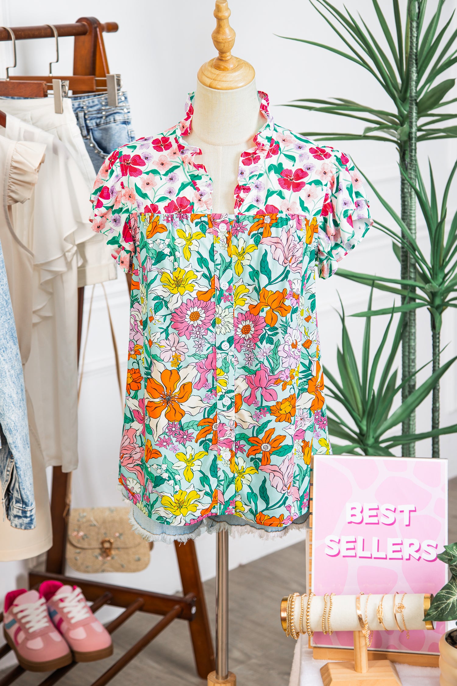 Sky Blue Floral Print Split Neck Button Front Flutter Sleeve Blouse-Tops/Blouses & Shirts-[Adult]-[Female]-2022 Online Blue Zone Planet