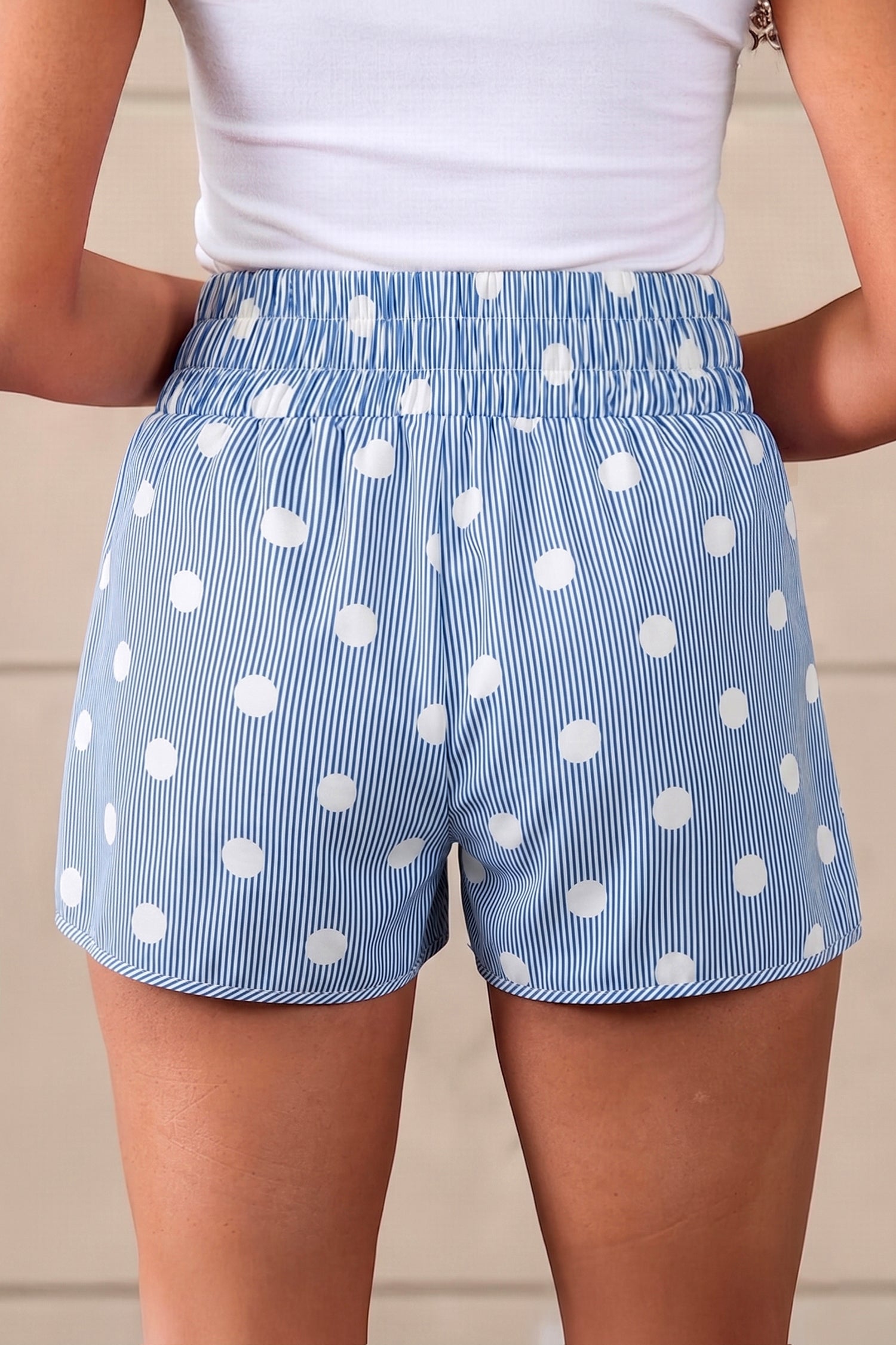 Sky Blue Polka Dot Print Shirred High Waist Casual Shorts-Bottoms/Casual Shorts-[Adult]-[Female]-2022 Online Blue Zone Planet