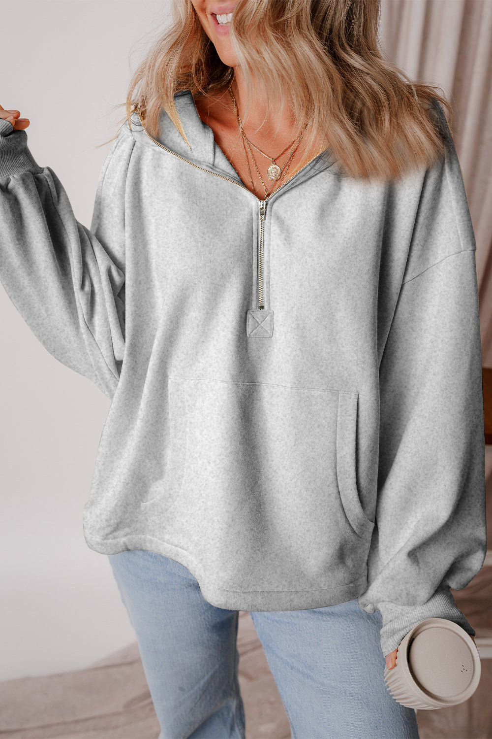 Pocketed Half Zip Dropped Shoulder Hoodie-HOODIES-[Adult]-[Female]-2022 Online Blue Zone Planet